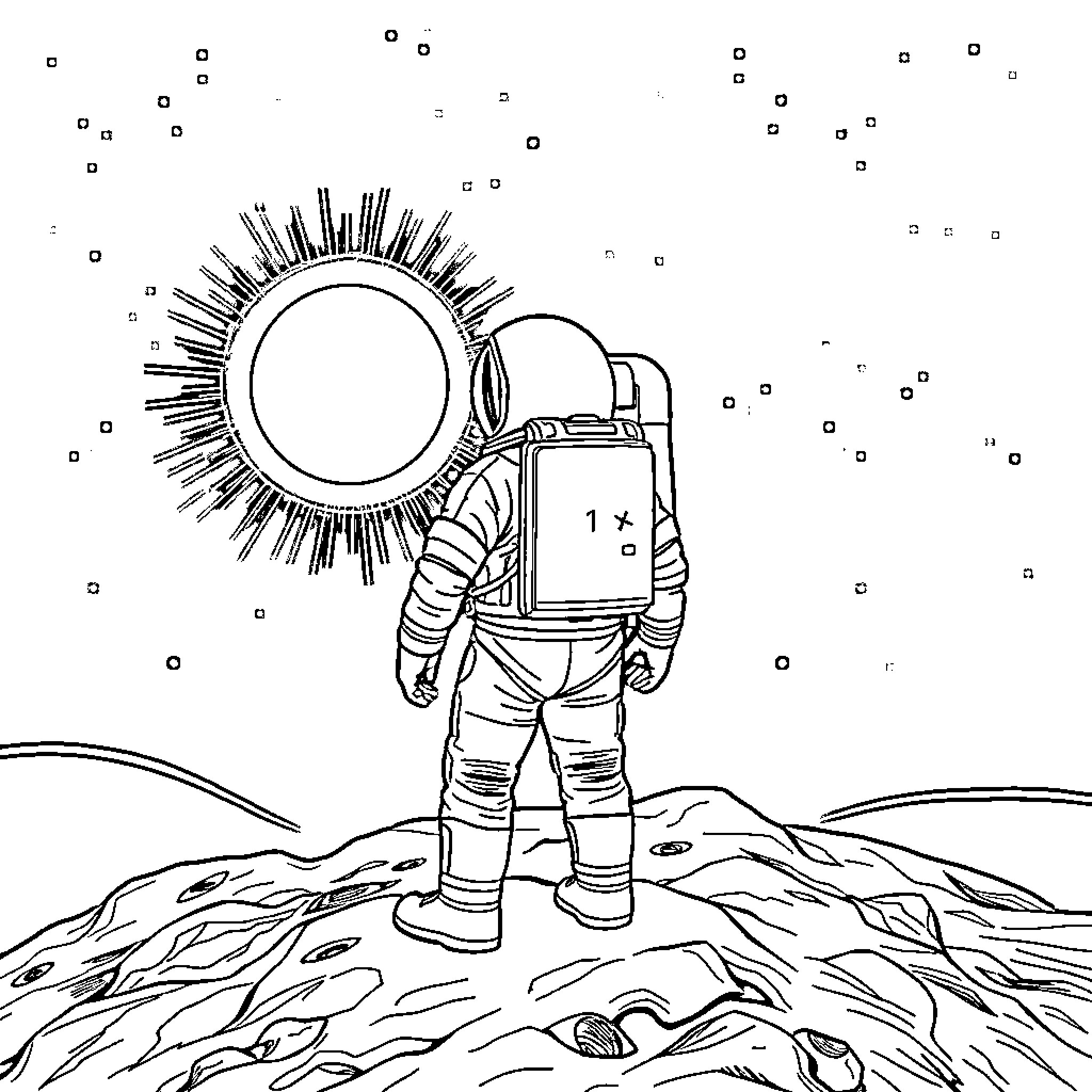 Astronaut exploring the alien landscape under a radiant sun Coloring Page (free black-and-white line drawing printable PDF for all, from beginners to advanced learners, including children, teens, adults, and seniors)