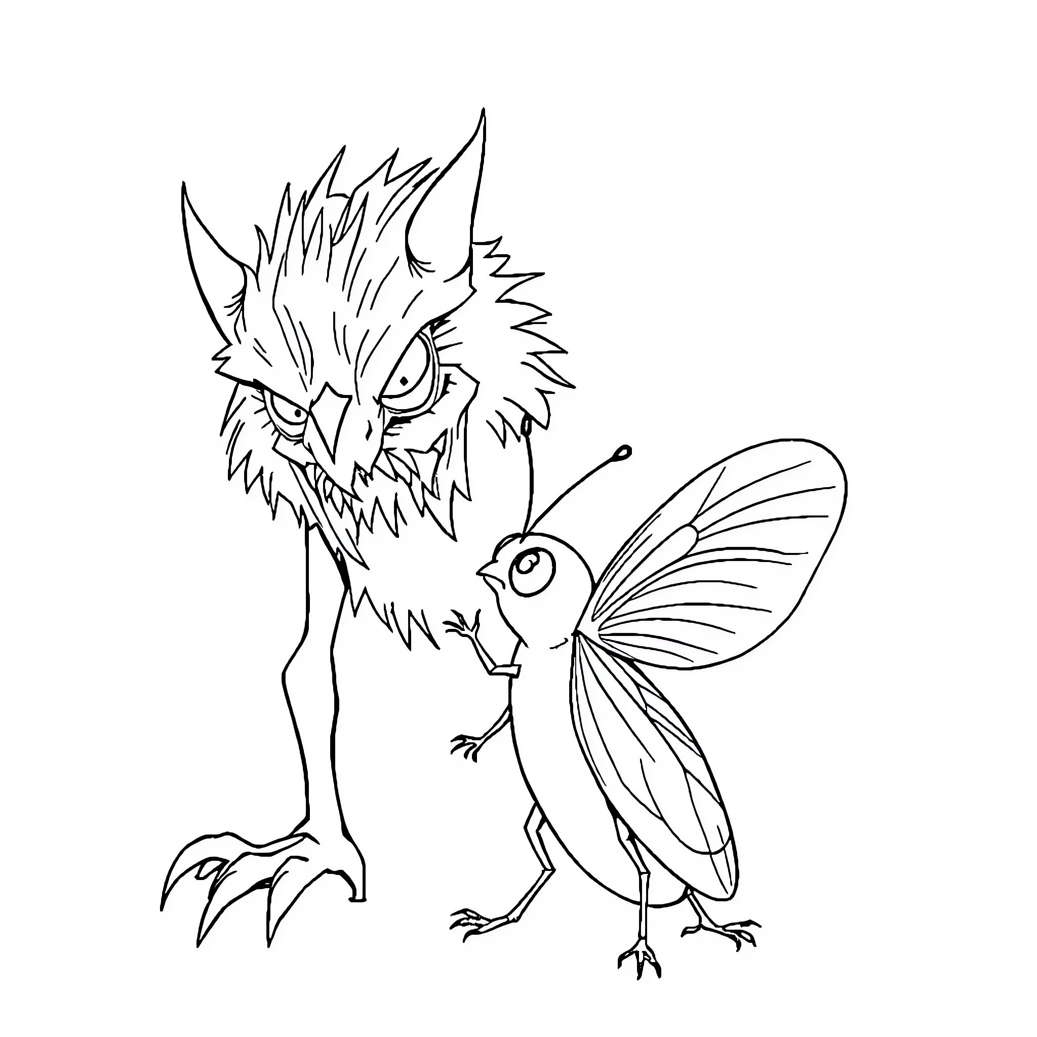 Pumpkin creature and colorful insect Coloring Page (free black-and-white line drawing printable PDF for all, from beginners to advanced learners, including children, teens, adults, and seniors)