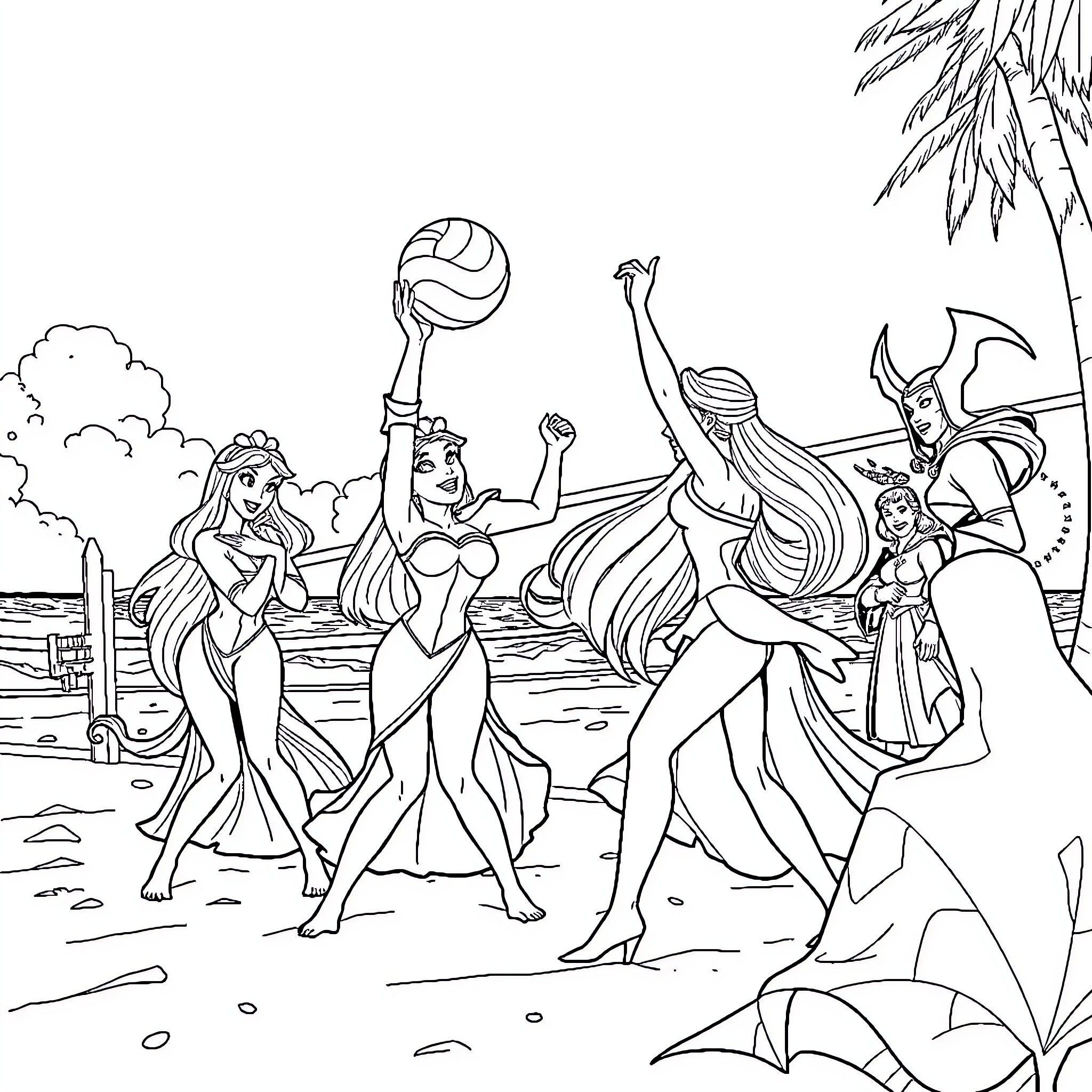 Princess Beach Party with Volleyball and Dancing Coloring Page (free black-and-white line drawing printable PDF for all, from beginners to advanced learners, including children, teens, adults, and seniors)