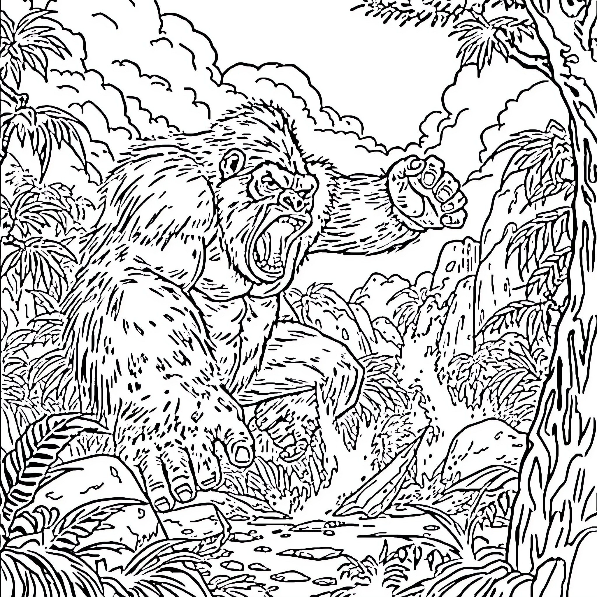 Gorilla roaring in the jungle wilderness Coloring Page (free black-and-white line drawing printable PDF for all, from beginners to advanced learners, including children, teens, adults, and seniors)