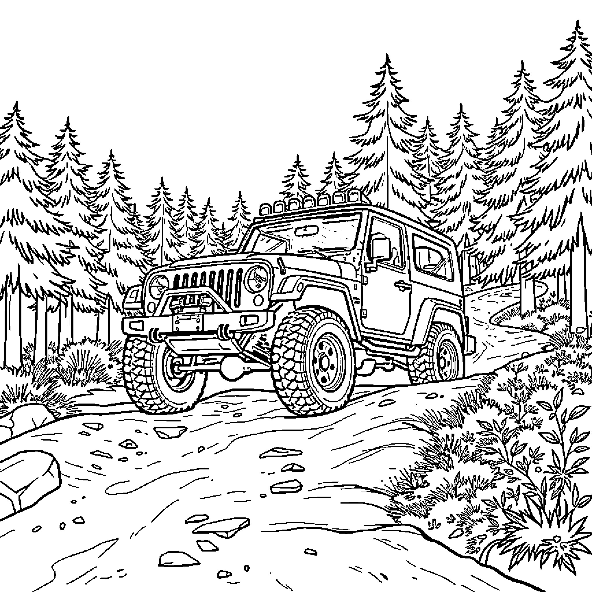 Car Off-Roading Adventure in the Forest Coloring Page (free black-and-white line drawing printable PDF for all, from beginners to advanced learners, including children, teens, adults, and seniors)