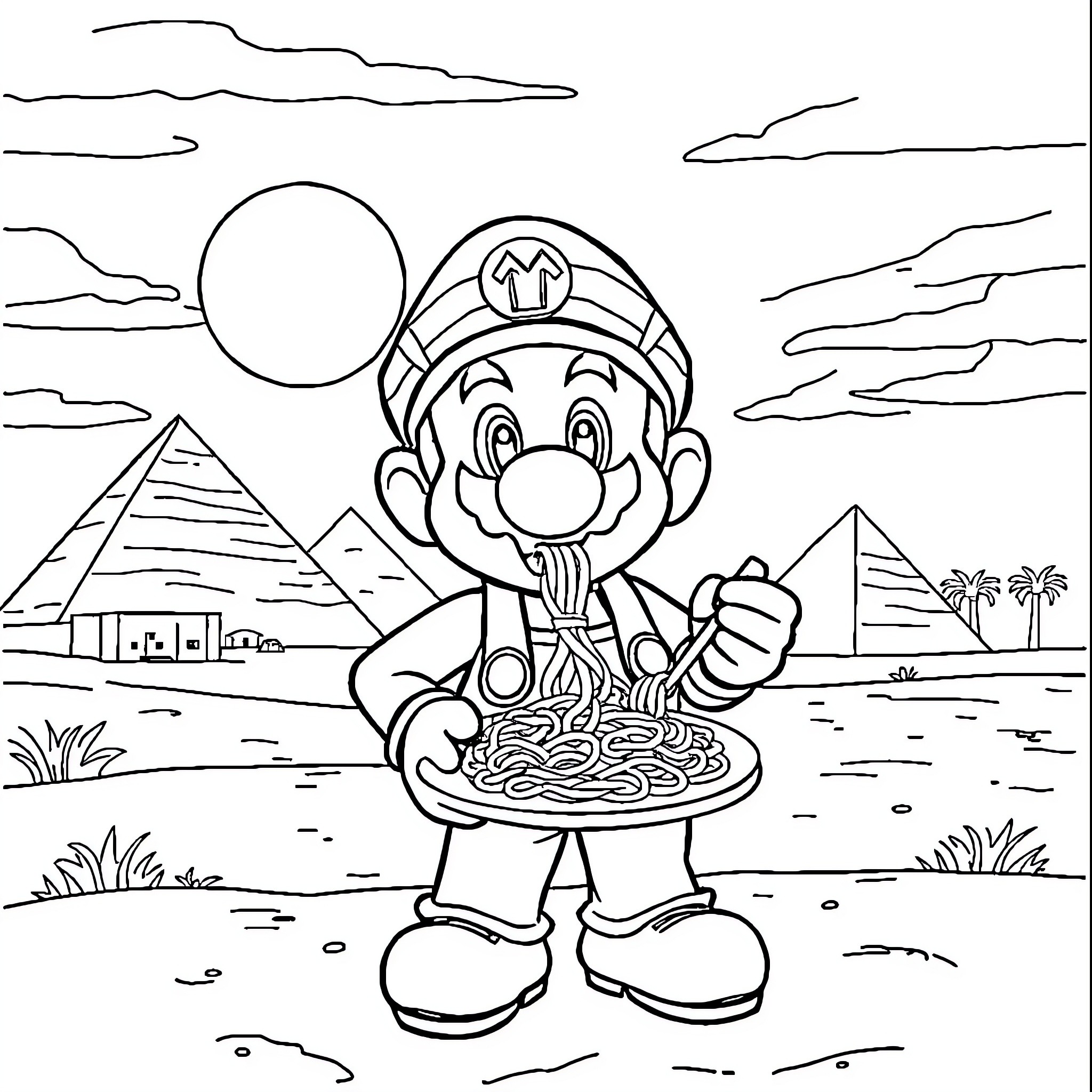 Mario Enjoying a Meal in the Pyramid Landscape Coloring Page (free black-and-white line drawing printable PDF for all, from beginners to advanced learners, including children, teens, adults, and seniors)