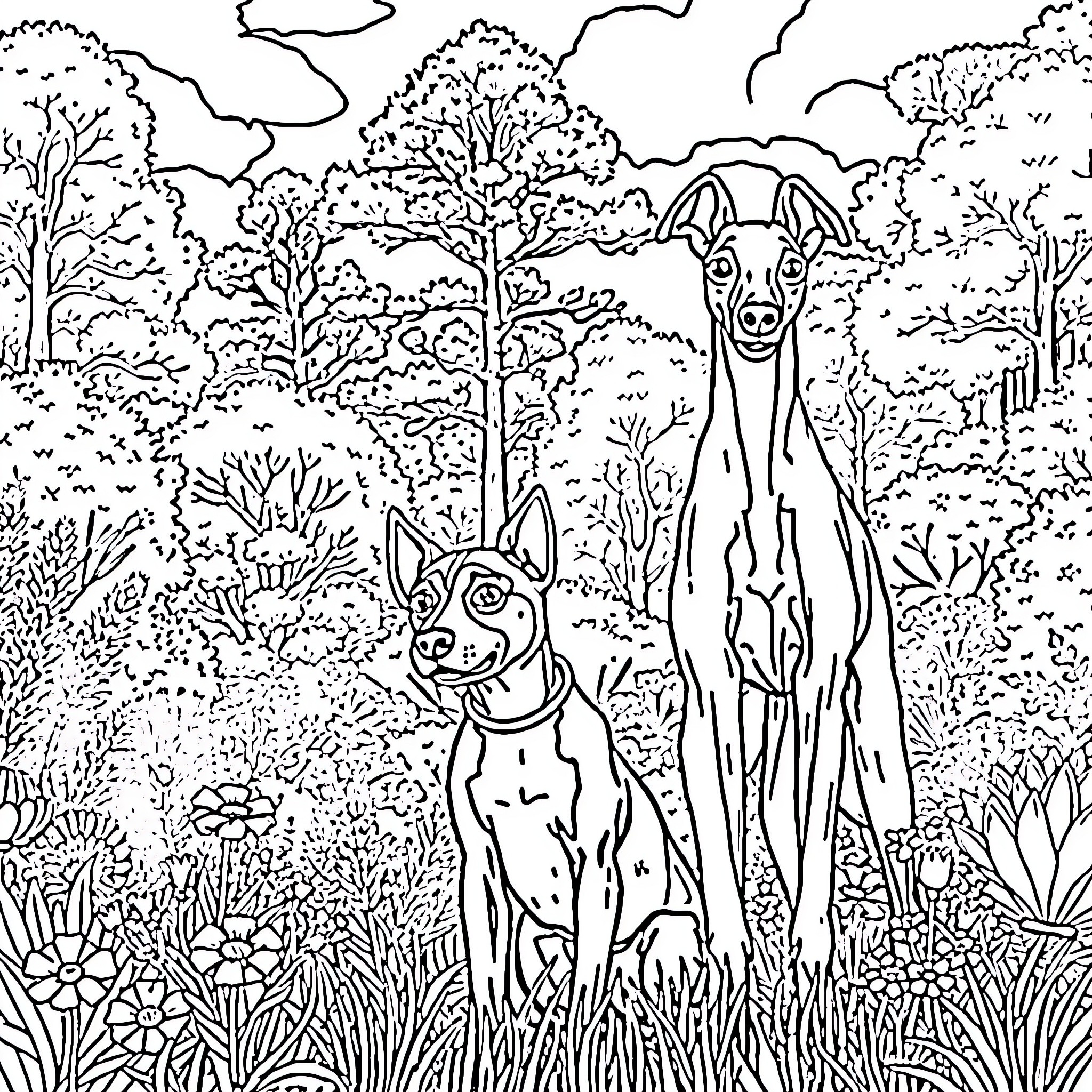 Dog friends exploring the enchanted forest Coloring Page (free black-and-white line drawing printable PDF for all, from beginners to advanced learners, including children, teens, adults, and seniors)