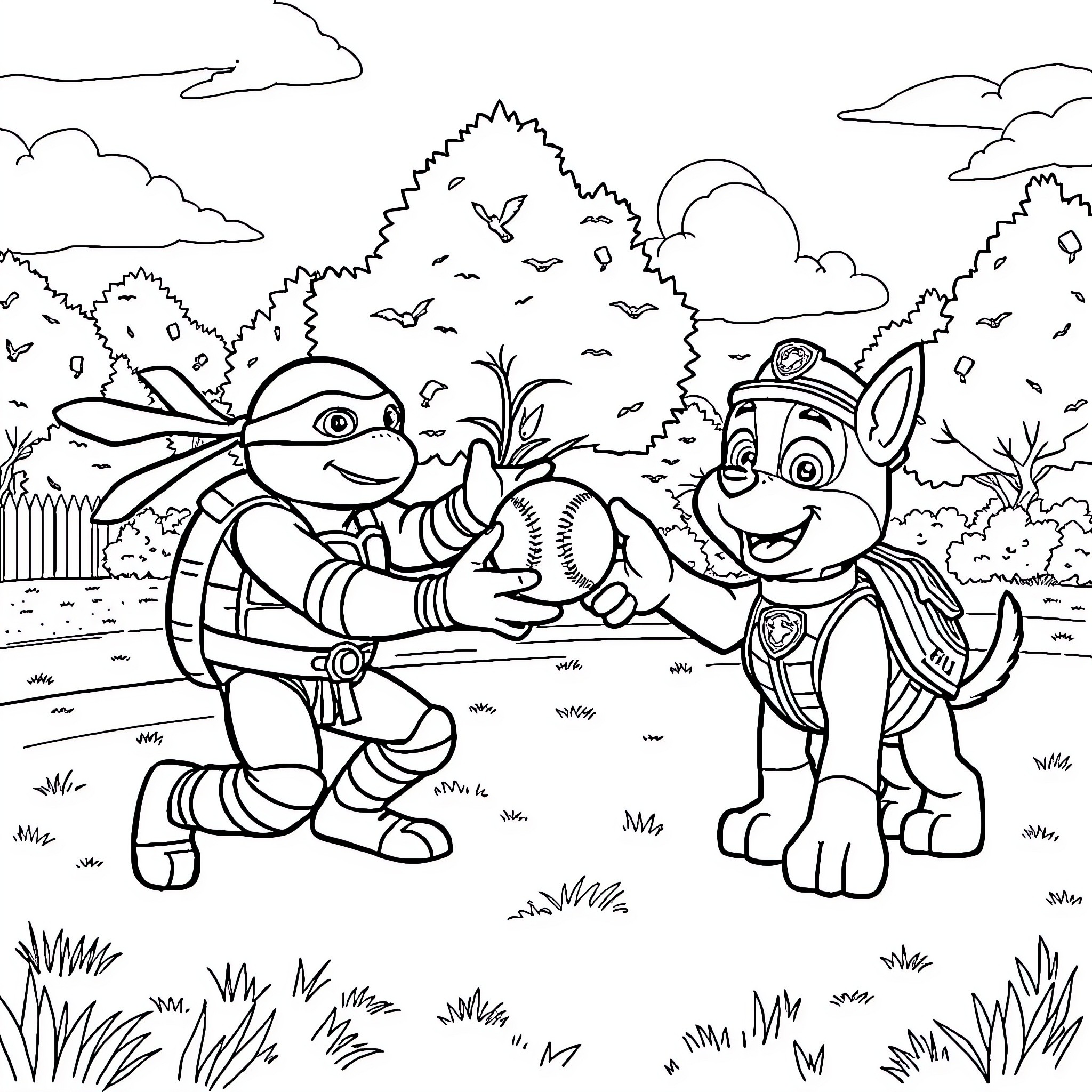 Ninja Turtle and Puppy Exploring the Outdoors Coloring Page (free black-and-white line drawing printable PDF for all, from beginners to advanced learners, including children, teens, adults, and seniors)