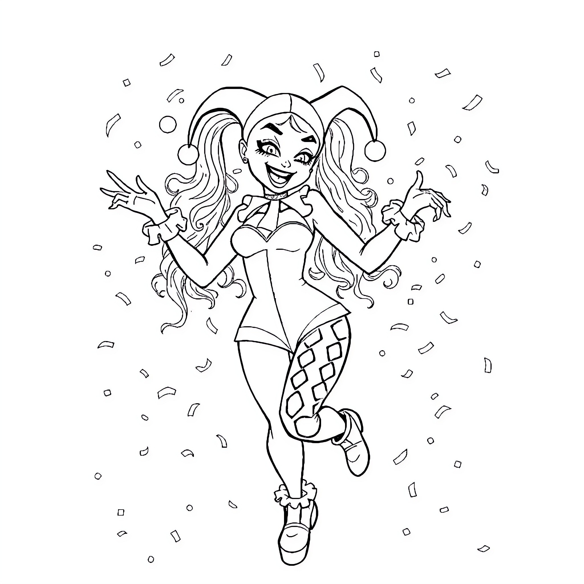 Harley Quinn celebrating joyfully Coloring Page (free black-and-white line drawing printable PDF for all, from beginners to advanced learners, including children, teens, adults, and seniors)