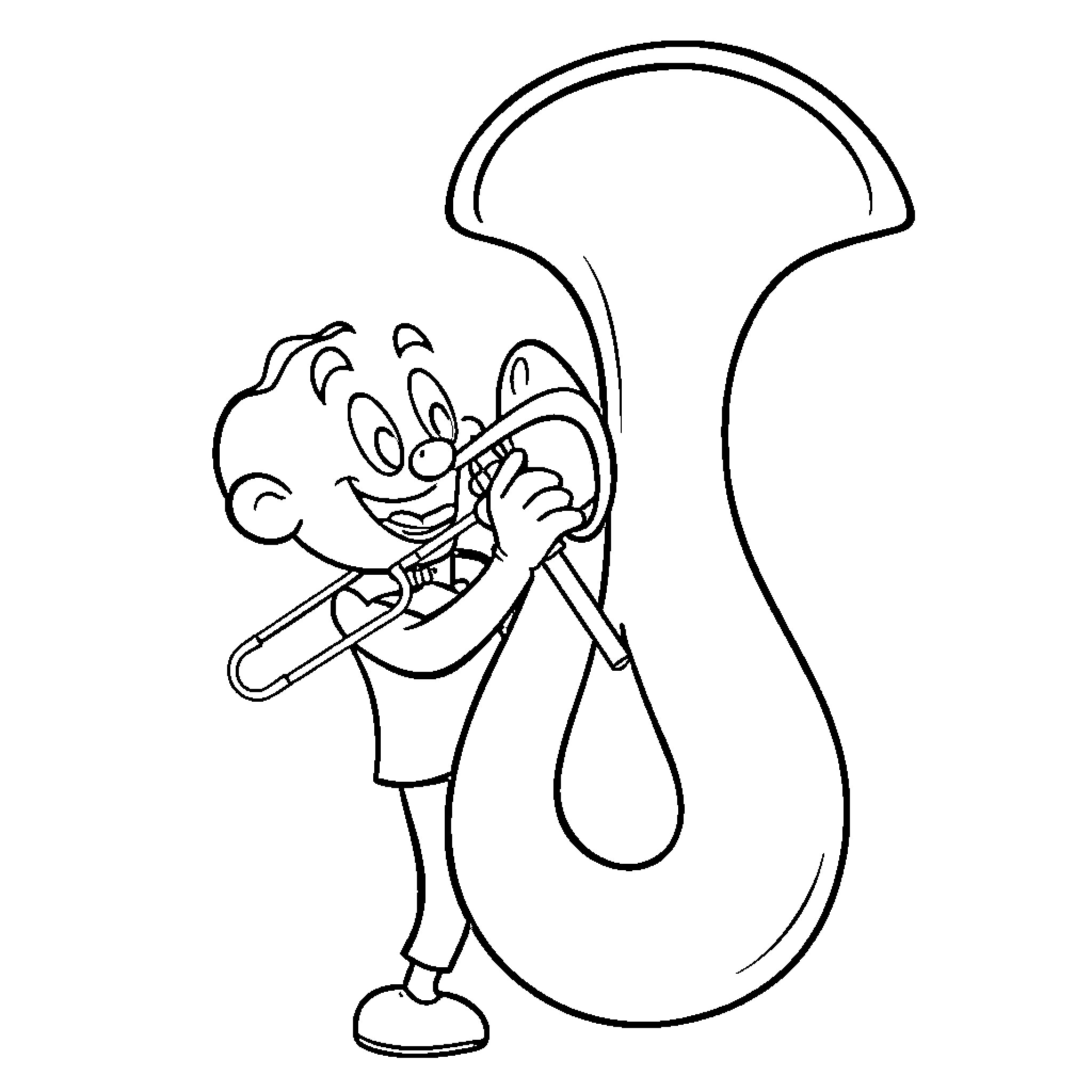 Trombone Player Performing with Enthusiasm Coloring Page (free black-and-white line drawing printable PDF for all, from beginners to advanced learners, including children, teens, adults, and seniors)