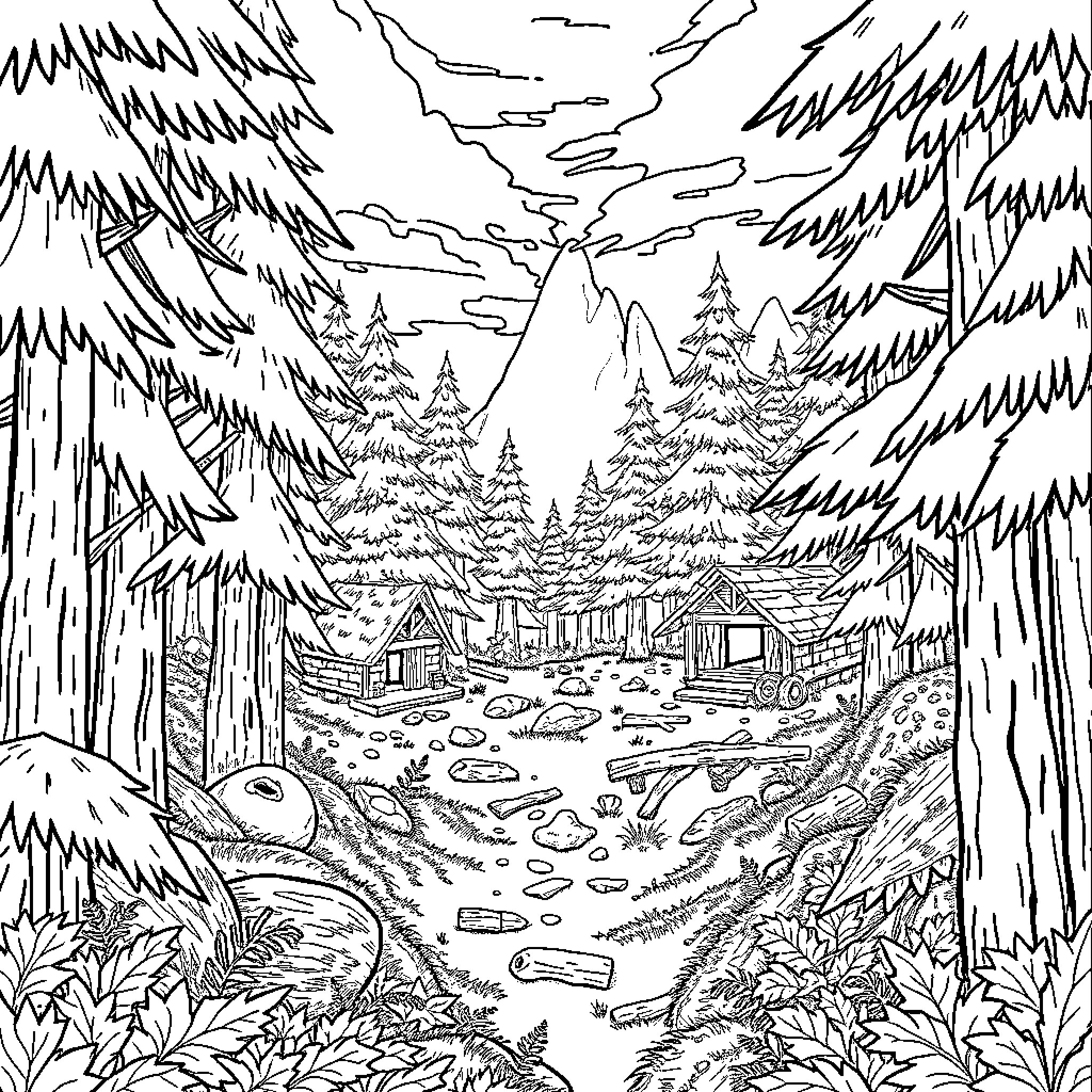 Game of Wilderness Exploration in Nature's Embrace Coloring Page (free black-and-white line drawing printable PDF for all, from beginners to advanced learners, including children, teens, adults, and seniors)