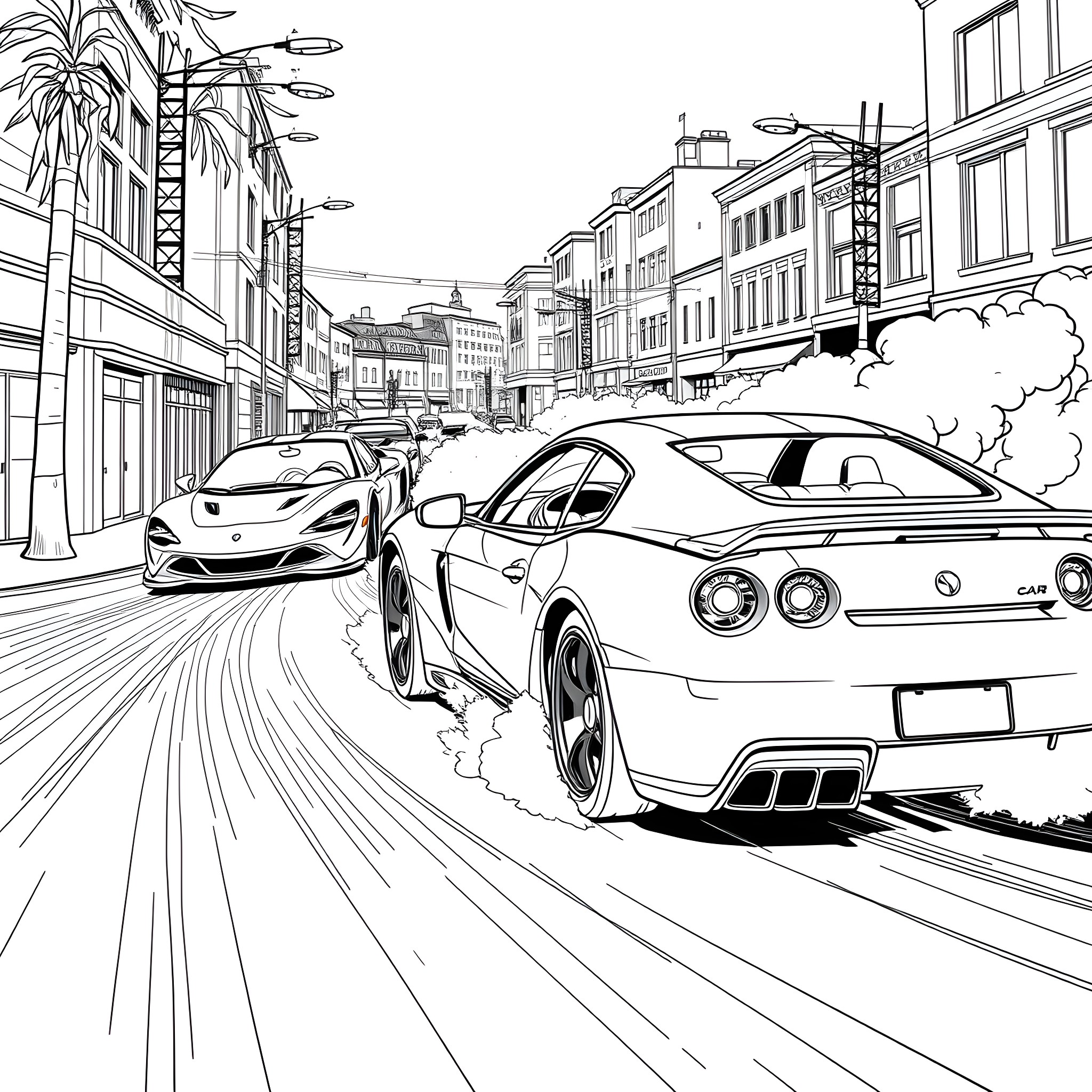 Scene of luxury sports cars on a city street Coloring Page (free black-and-white line drawing printable PDF for all, from beginners to advanced learners, including children, teens, adults, and seniors)