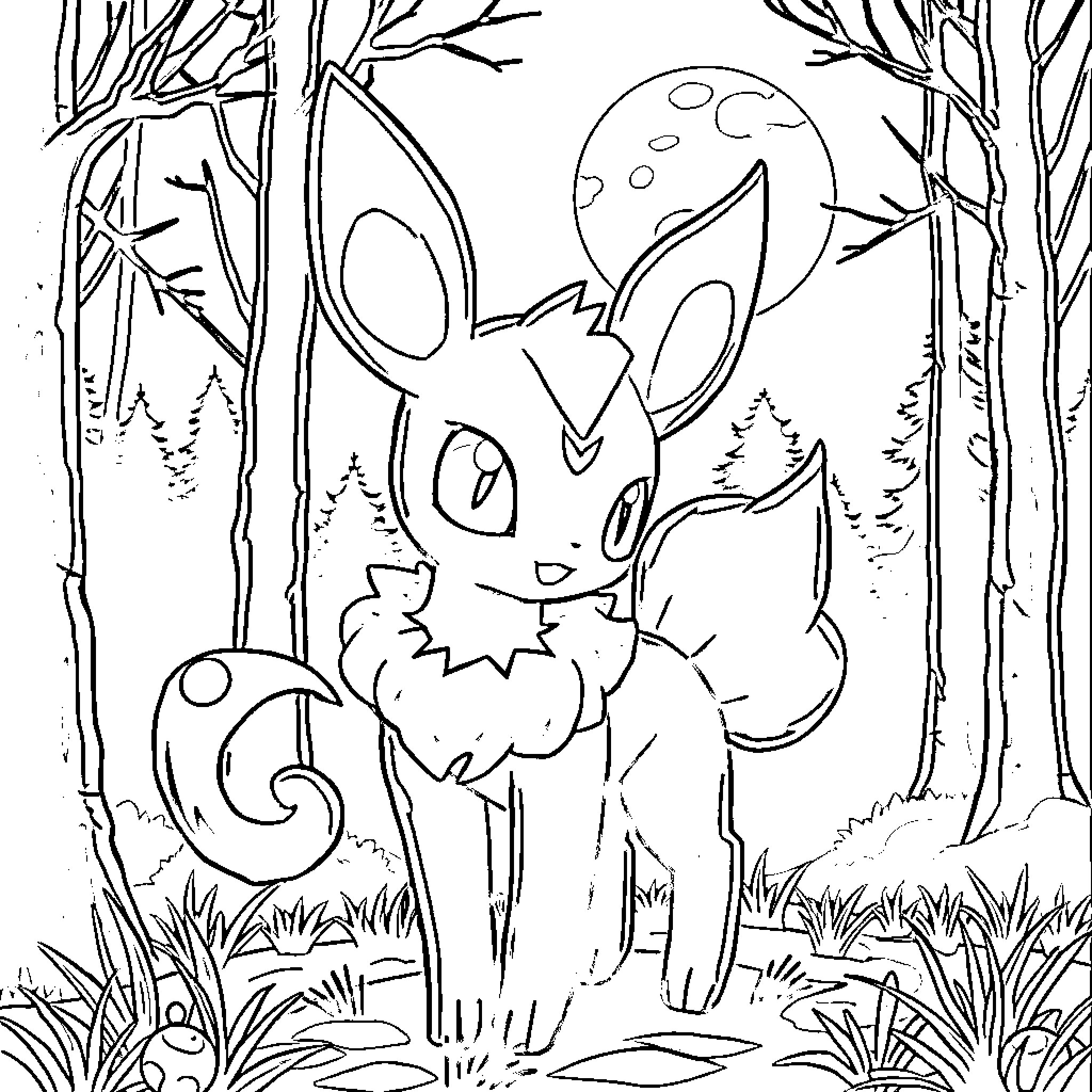 Umbreon exploring the mysterious forest at night Coloring Page (free black-and-white line drawing printable PDF for all, from beginners to advanced learners, including children, teens, adults, and seniors)