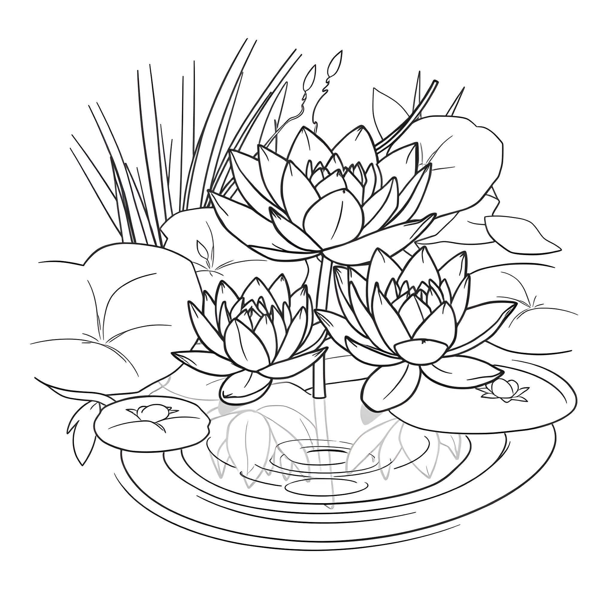 Tiana's Tranquil Lotus Garden Coloring Page (free black-and-white line drawing printable PDF for all, from beginners to advanced learners, including children, teens, adults, and seniors)