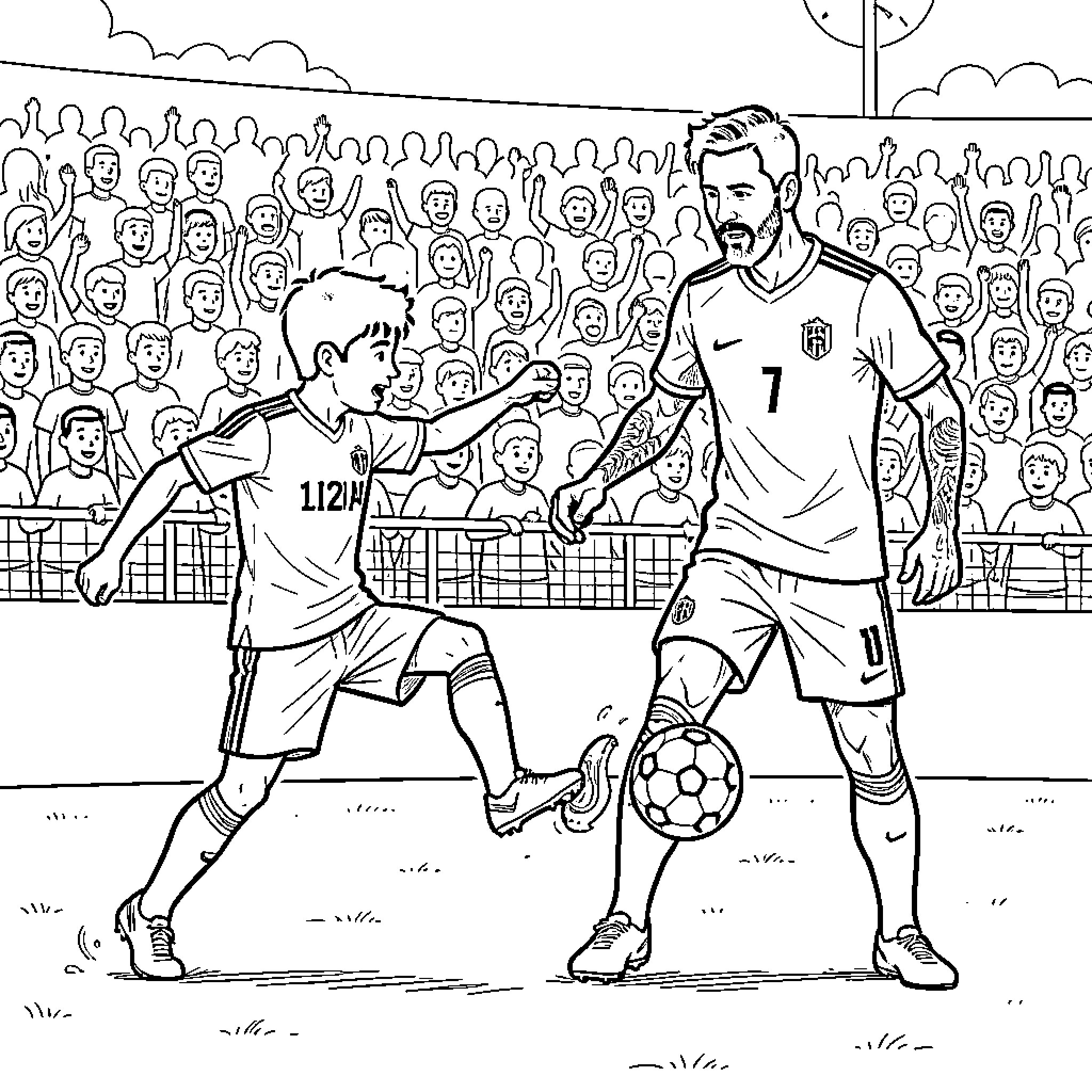 Lamine Yamal dribbling a soccer ball during a match Coloring Page (free black-and-white line drawing printable PDF for all, from beginners to advanced learners, including children, teens, adults, and seniors)