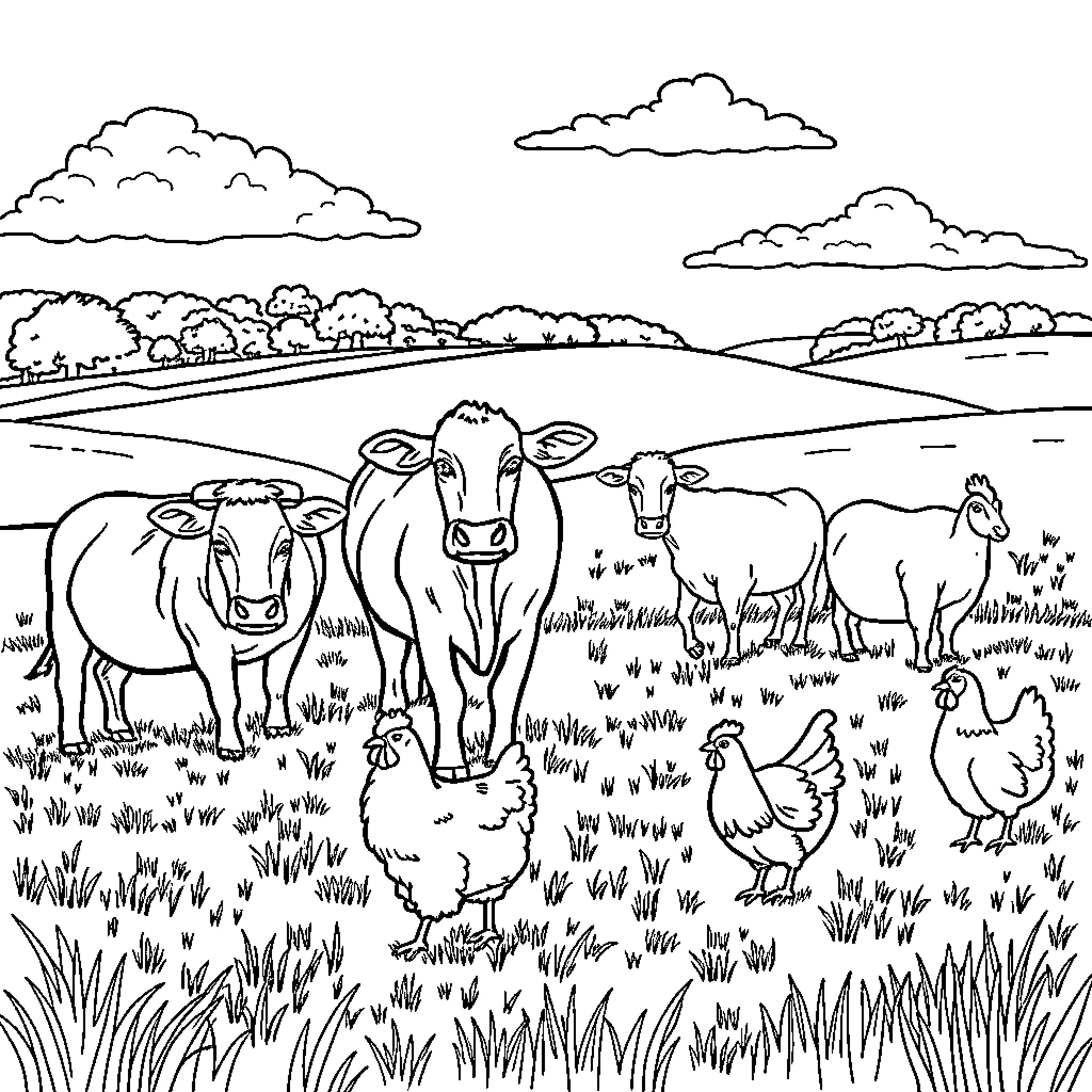 Farm Animal Farm Scene with Cows, Chickens, and Sheep Coloring Page (free black-and-white line drawing printable PDF for all, from beginners to advanced learners, including children, teens, adults, and seniors)