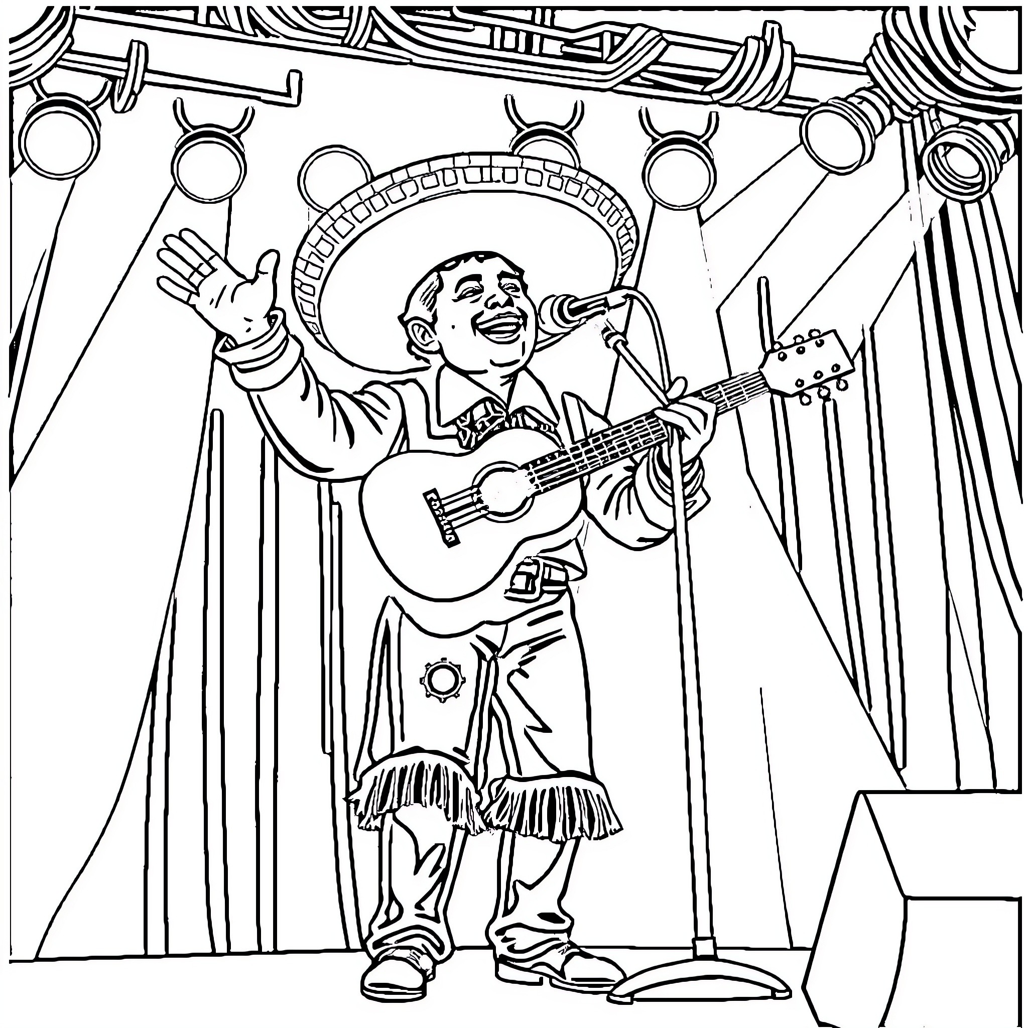 Cachirula: Musician performing on stage with guitar Coloring Page (free black-and-white line drawing printable PDF for all, from beginners to advanced learners, including children, teens, adults, and seniors)