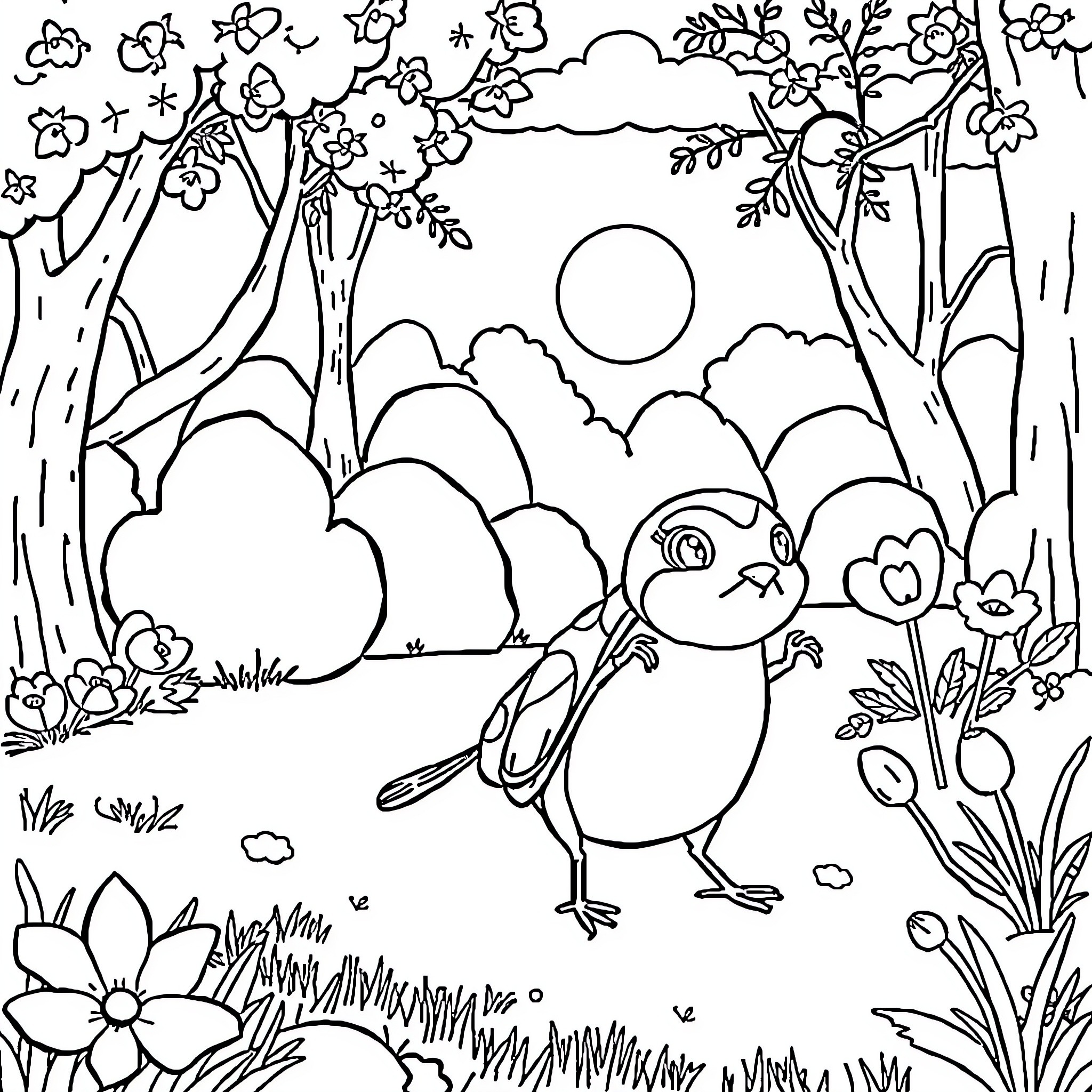 Patrouille through the Floral Garden Coloring Page (free black-and-white line drawing printable PDF for all, from beginners to advanced learners, including children, teens, adults, and seniors)