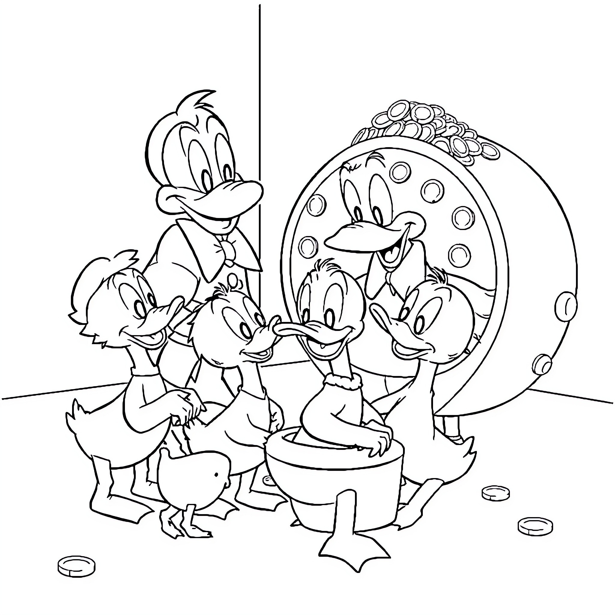 Ducks playing joyfully around a fountain Coloring Page (free black-and-white line drawing printable PDF for all, from beginners to advanced learners, including children, teens, adults, and seniors)