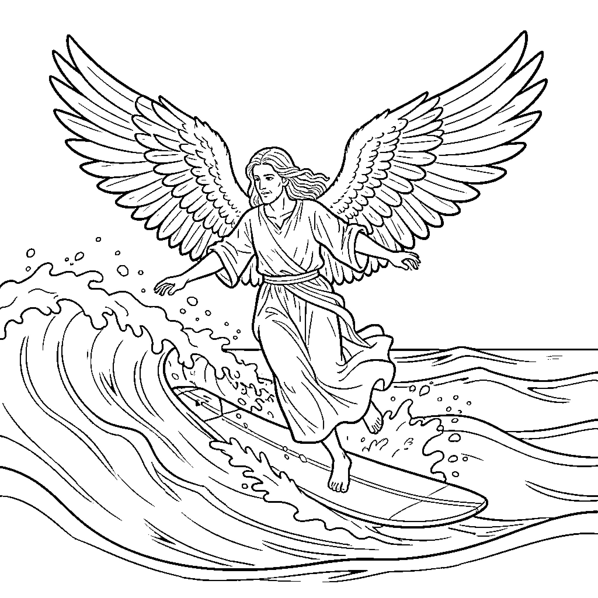 Angel surfing on the waves Coloring Page (free black-and-white line drawing printable PDF for all, from beginners to advanced learners, including children, teens, adults, and seniors)