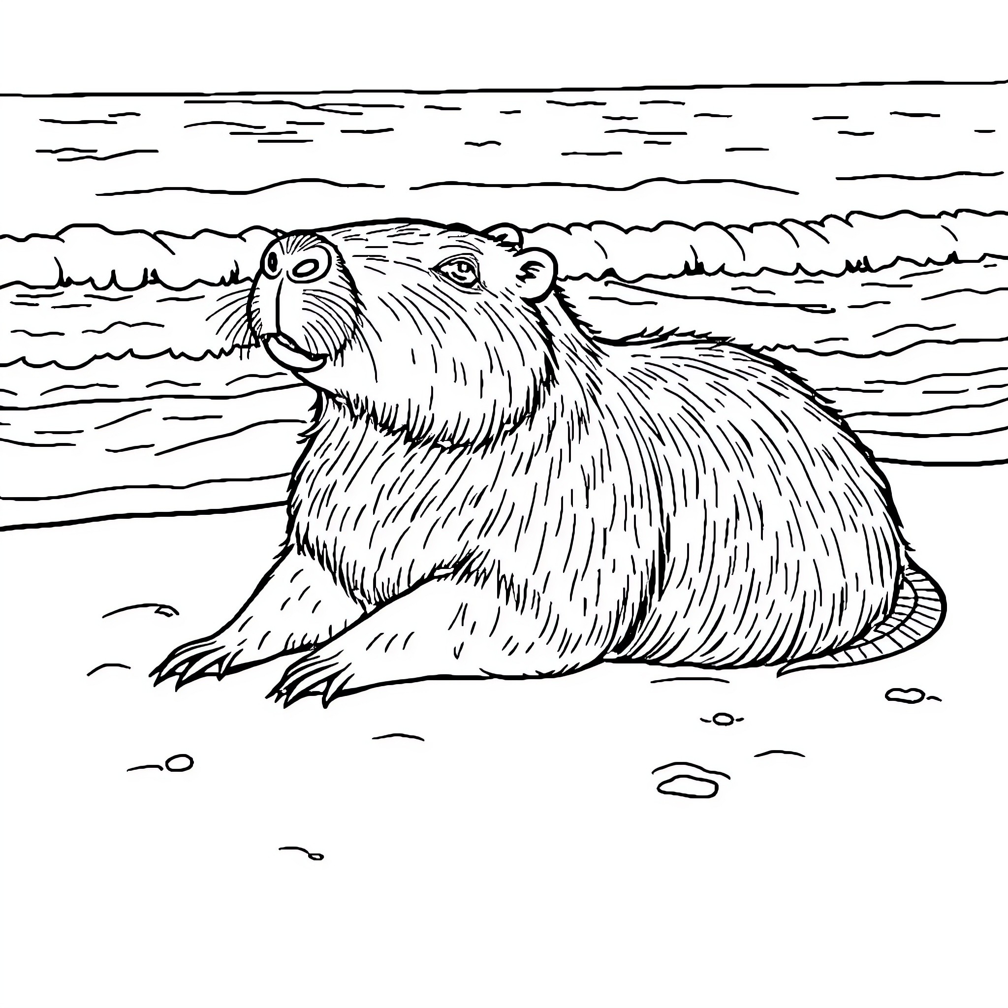 Capybara resting peacefully by the shore Coloring Page (free black-and-white line drawing printable PDF for all, from beginners to advanced learners, including children, teens, adults, and seniors)