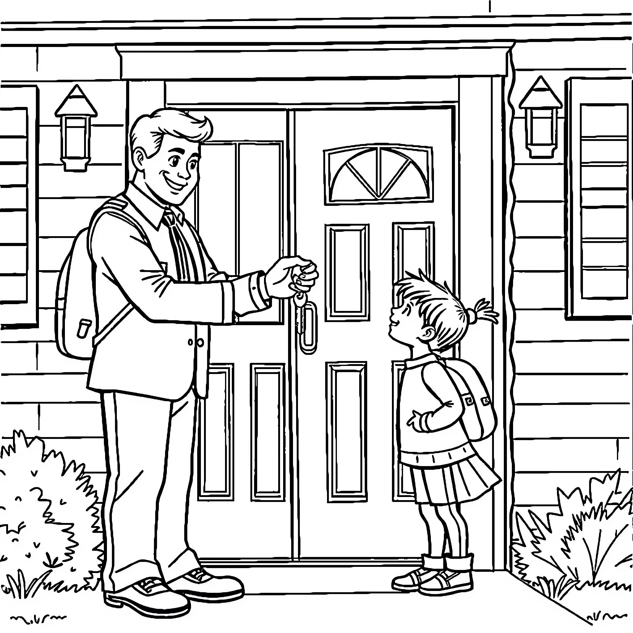 Escrow Officer Greeting Young Homeowner at Front Door Coloring Page (free black-and-white line drawing printable PDF for all, from beginners to advanced learners, including children, teens, adults, and seniors)