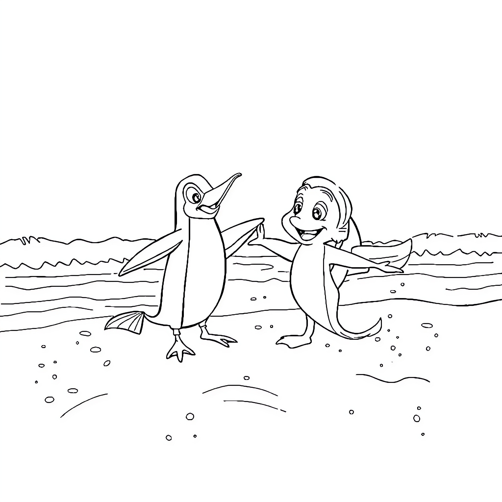 Paw Patrol Penguins Playing on the Beach Coloring Page (free black-and-white line drawing printable PDF for all, from beginners to advanced learners, including children, teens, adults, and seniors)