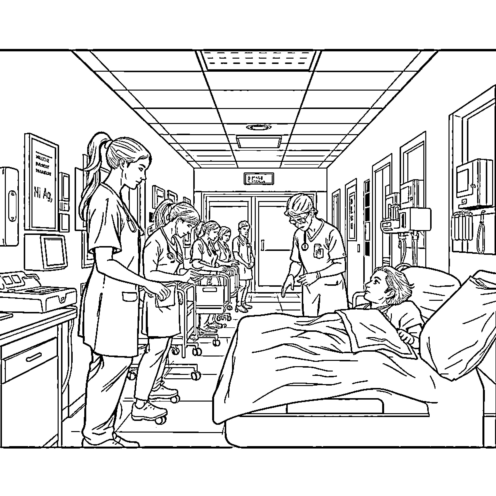 Health Care Assistant Providing Medical Attention in Hospital Coloring Page (free black-and-white line drawing printable PDF for all, from beginners to advanced learners, including children, teens, adults, and seniors)