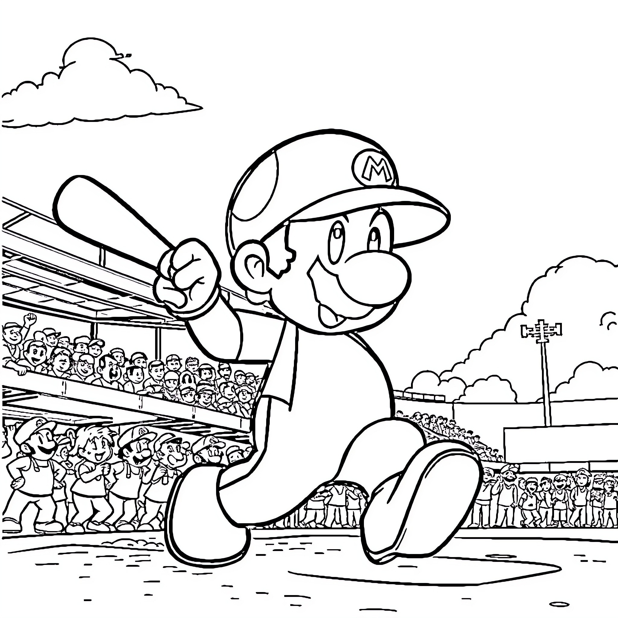 Toad in a sports stadium cheering on a crowd Coloring Page (free black-and-white line drawing printable PDF for all, from beginners to advanced learners, including children, teens, adults, and seniors)