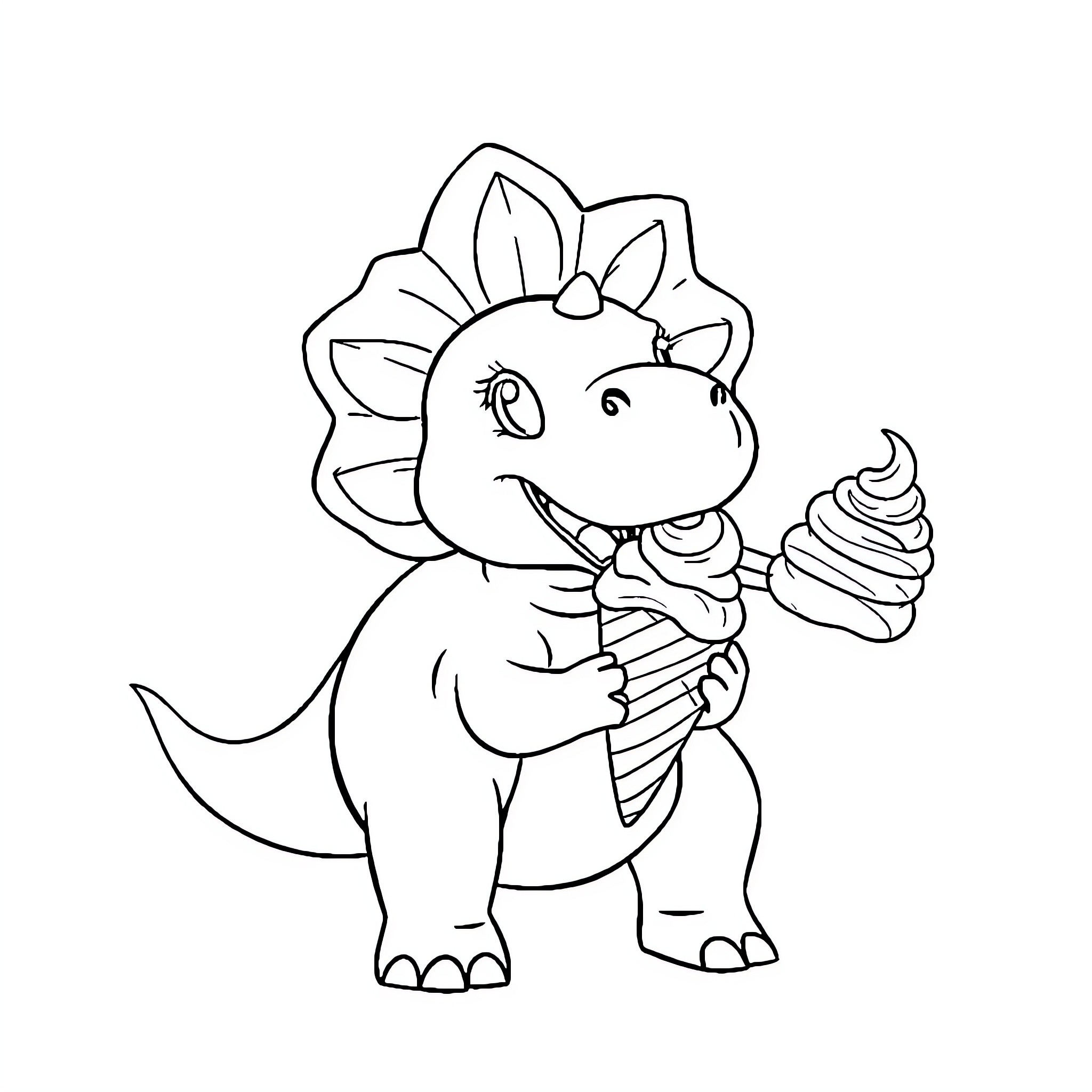 Baby Triceratops enjoying an ice cream cone Coloring Page (free black-and-white line drawing printable PDF for all, from beginners to advanced learners, including children, teens, adults, and seniors)