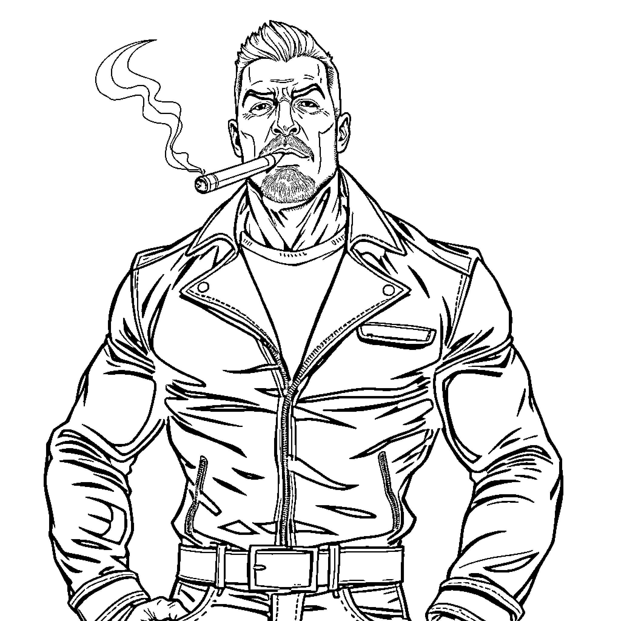 Man in tough biker outfit smoking a cigar Coloring Page (free black-and-white line drawing printable PDF for all, from beginners to advanced learners, including children, teens, adults, and seniors)
