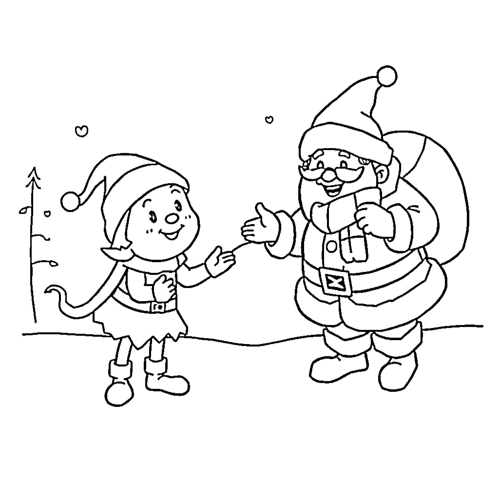 Santa greeting cheerful elf in winter scene Coloring Page (free black-and-white line drawing printable PDF for all, from beginners to advanced learners, including children, teens, adults, and seniors)