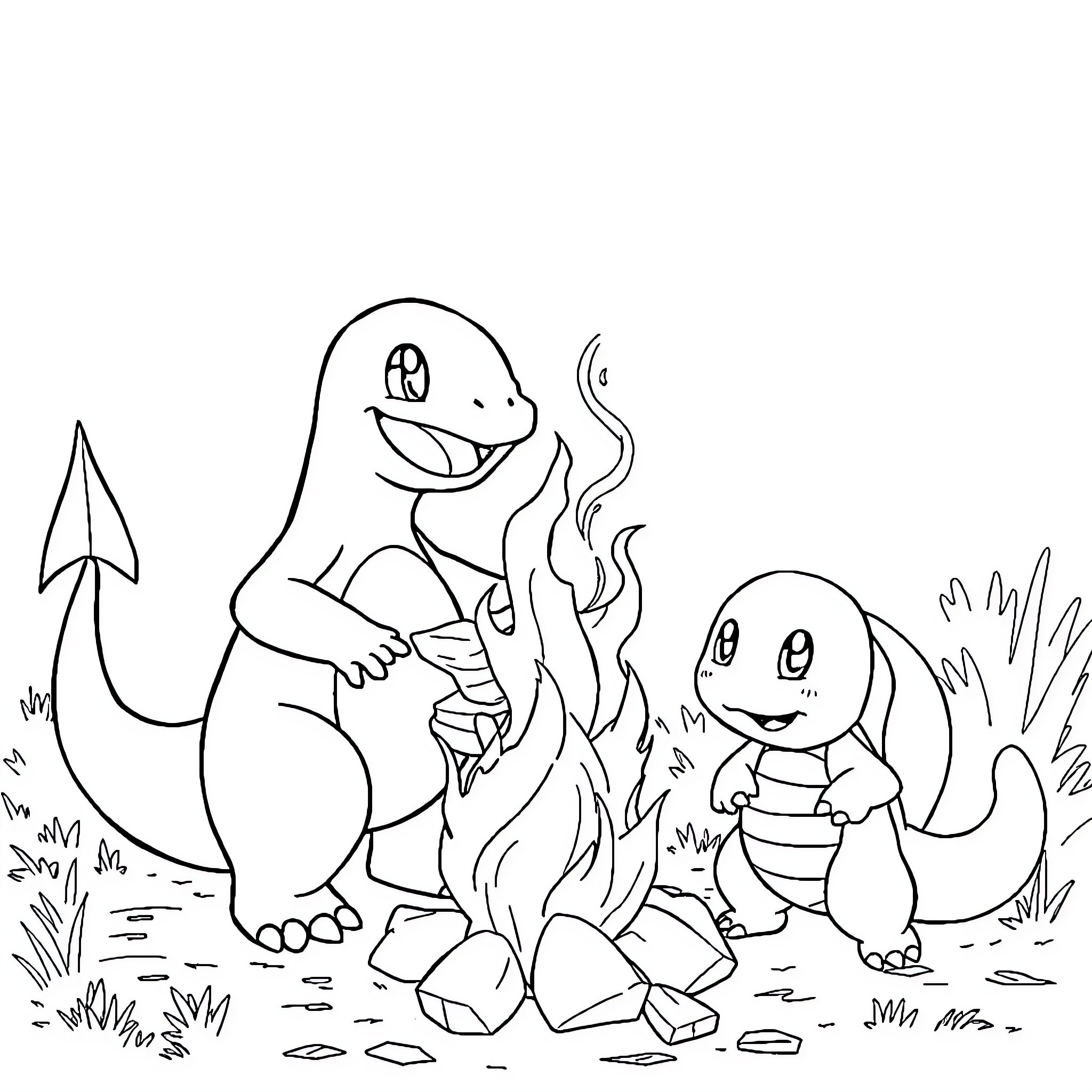 Charmander exploring the outdoors with friends Coloring Page (free black-and-white line drawing printable PDF for all, from beginners to advanced learners, including children, teens, adults, and seniors)