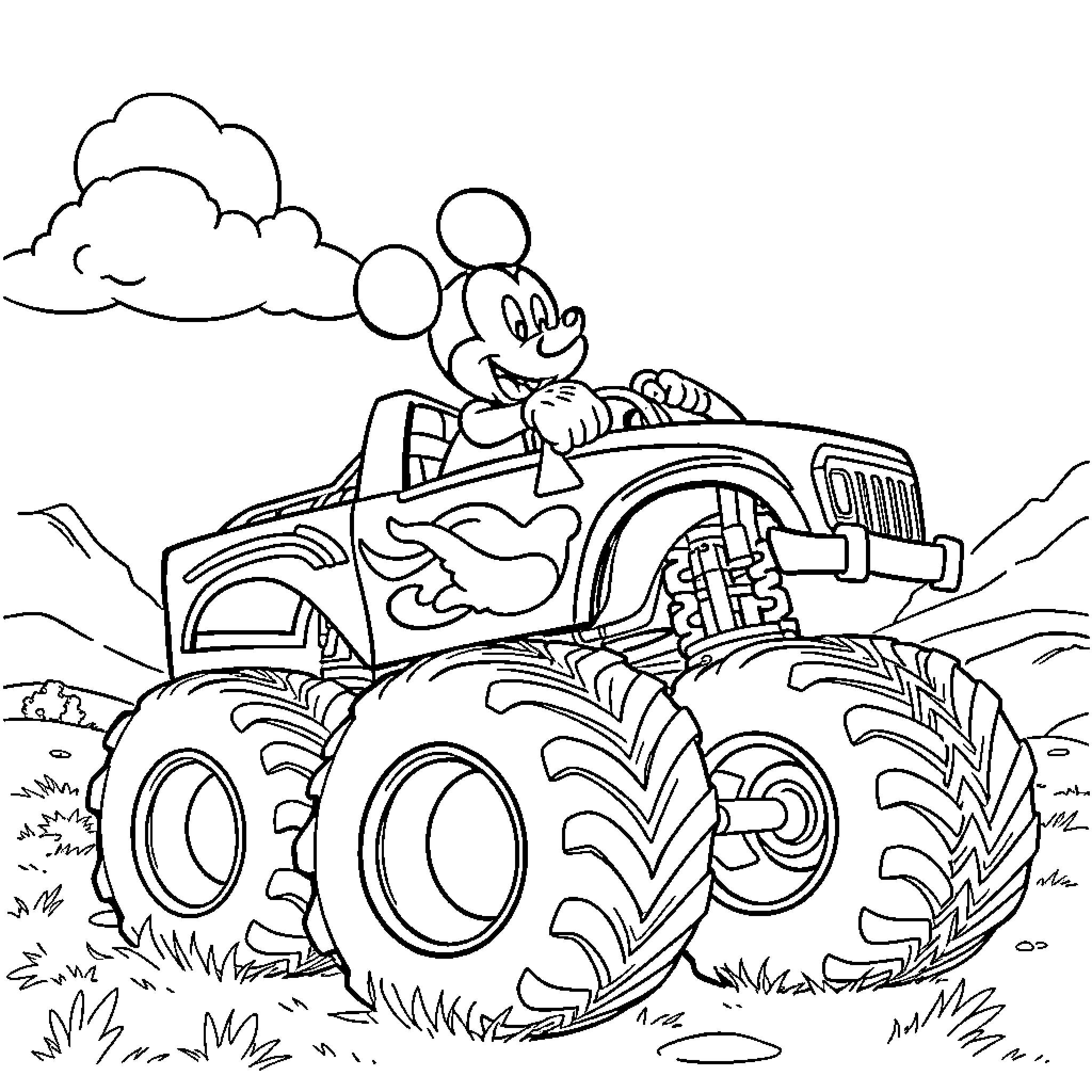 Mickey Mouse driving a monster truck through the countryside Coloring Page (free black-and-white line drawing printable PDF for all, from beginners to advanced learners, including children, teens, adults, and seniors)