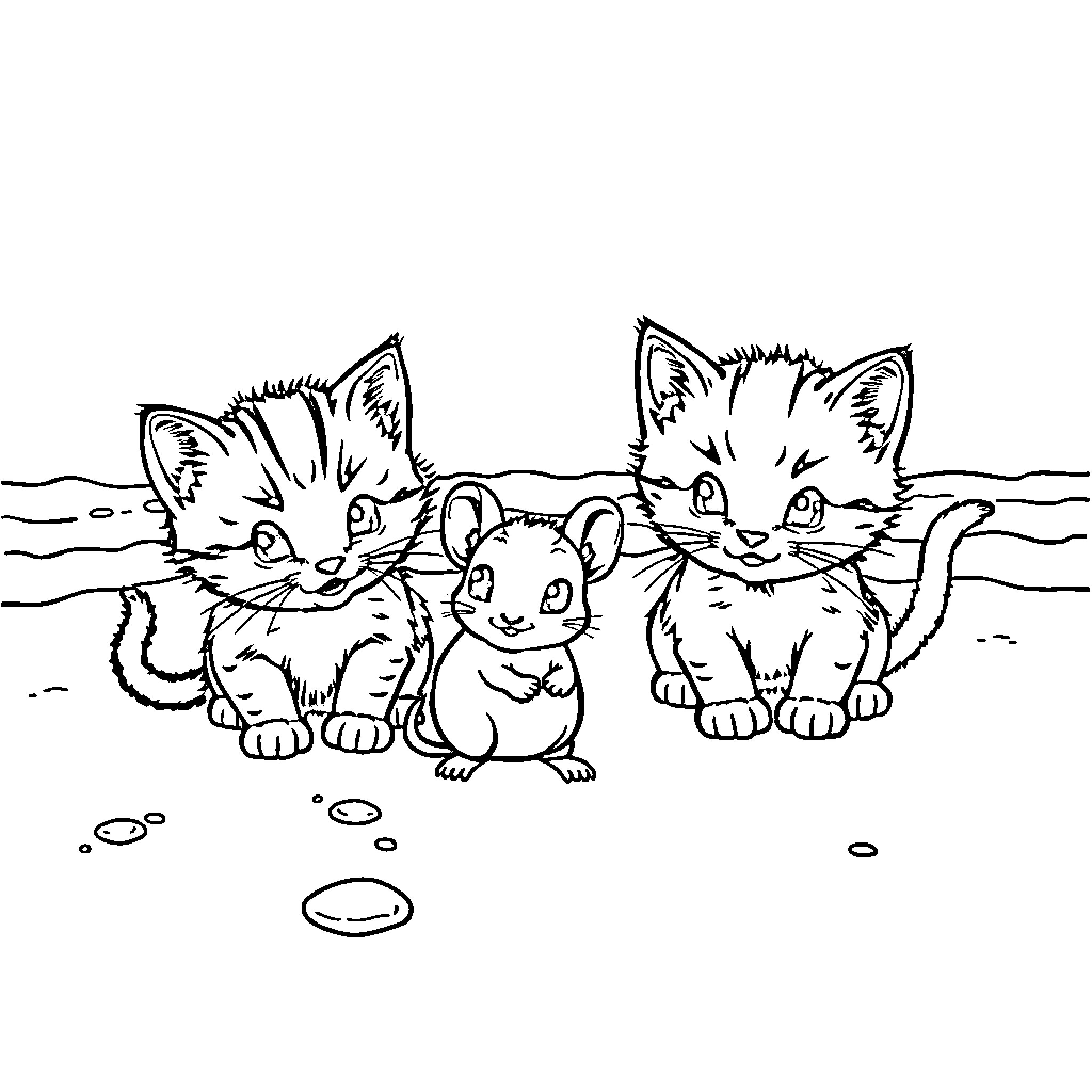 Kittens exploring the outdoors with a curious mouse Coloring Page (free black-and-white line drawing printable PDF for all, from beginners to advanced learners, including children, teens, adults, and seniors)