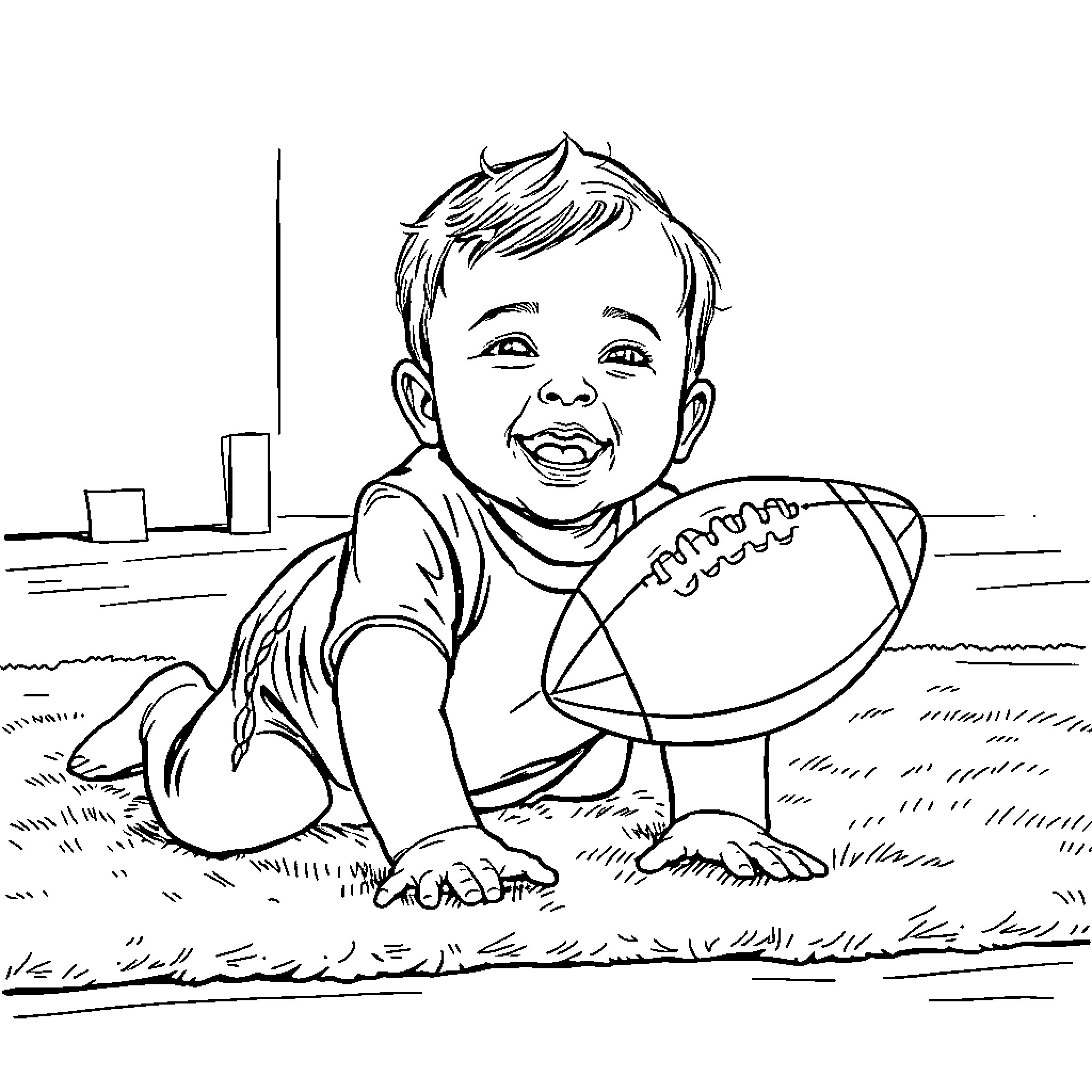 Baby playing with football joyfully on grass Coloring Page (free black-and-white line drawing printable PDF for all, from beginners to advanced learners, including children, teens, adults, and seniors)
