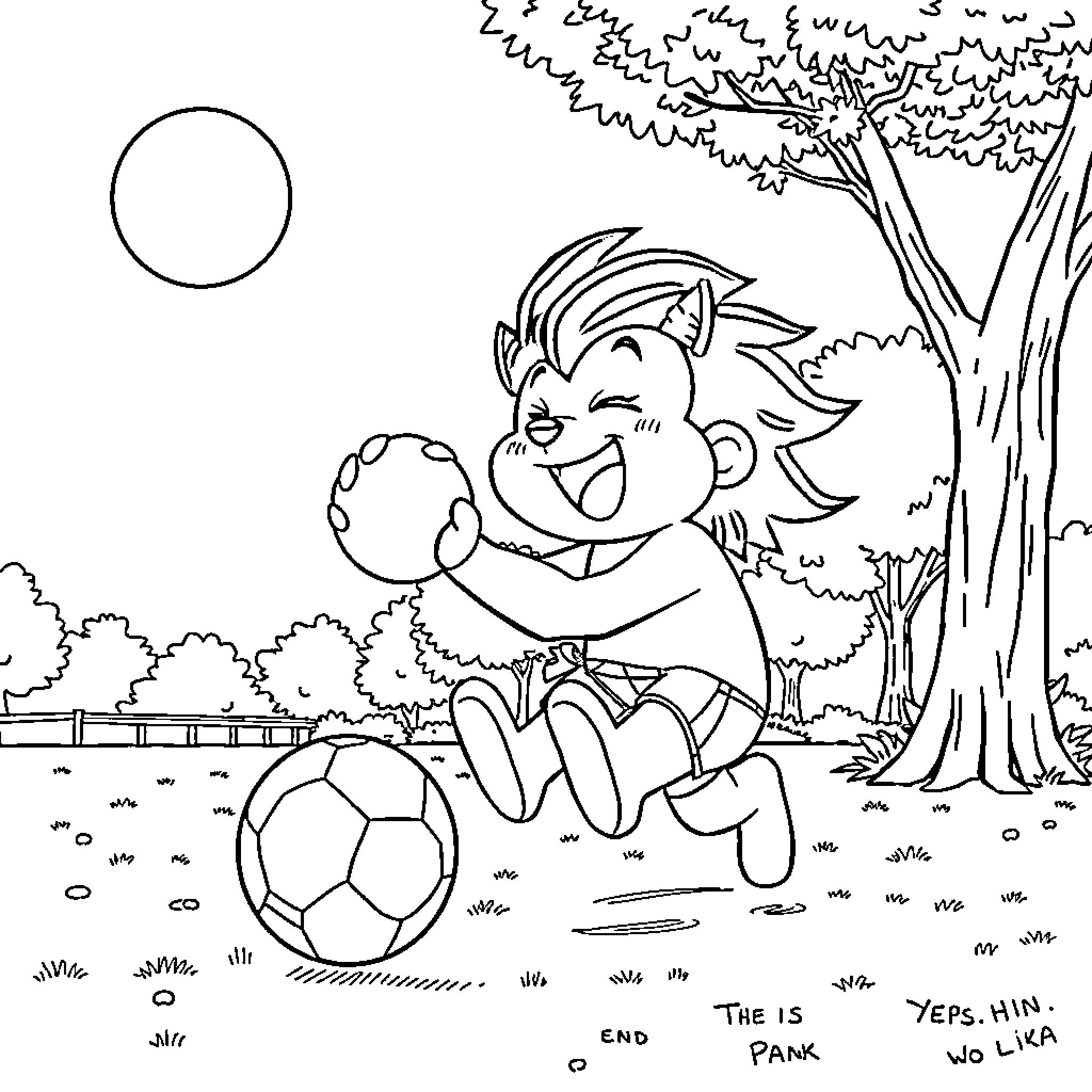 Rengoku playing soccer with a smile in the park Coloring Page (free black-and-white line drawing printable PDF for all, from beginners to advanced learners, including children, teens, adults, and seniors)