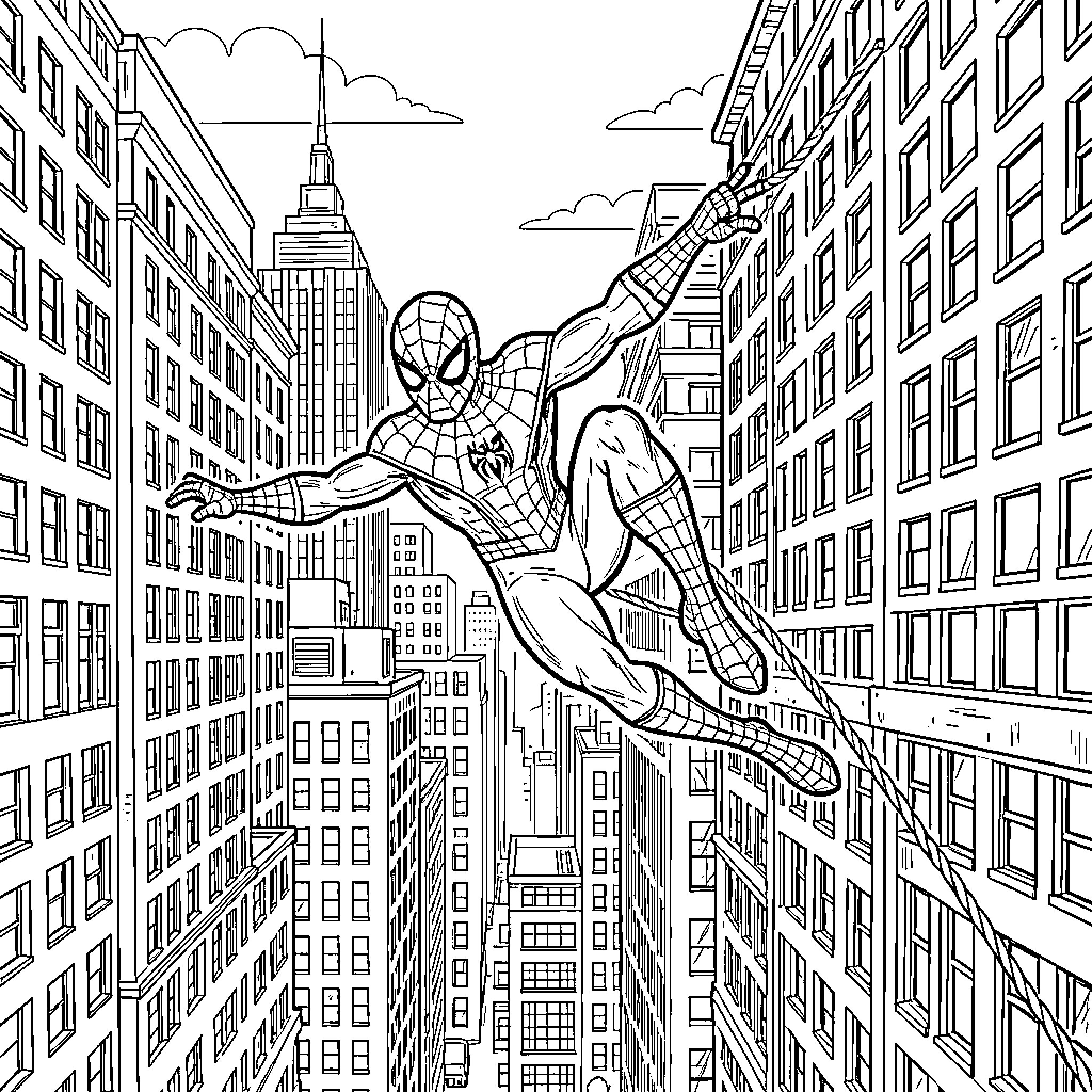Spiderman swinging between tall city skyscrapers Coloring Page (free black-and-white line drawing printable PDF for all, from beginners to advanced learners, including children, teens, adults, and seniors)