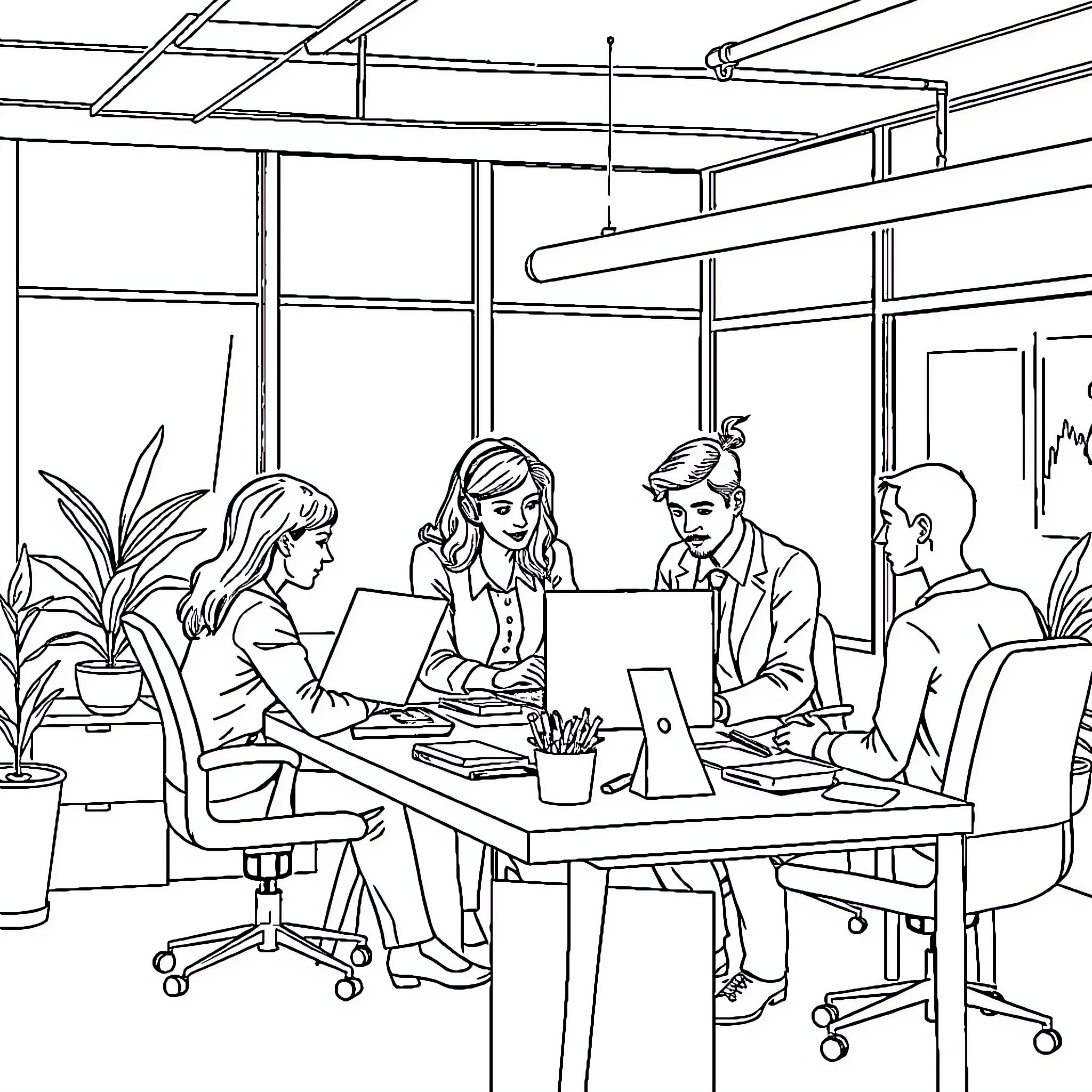 Human Resources: Business Meeting in the Office Coloring Page (free black-and-white line drawing printable PDF for all, from beginners to advanced learners, including children, teens, adults, and seniors)