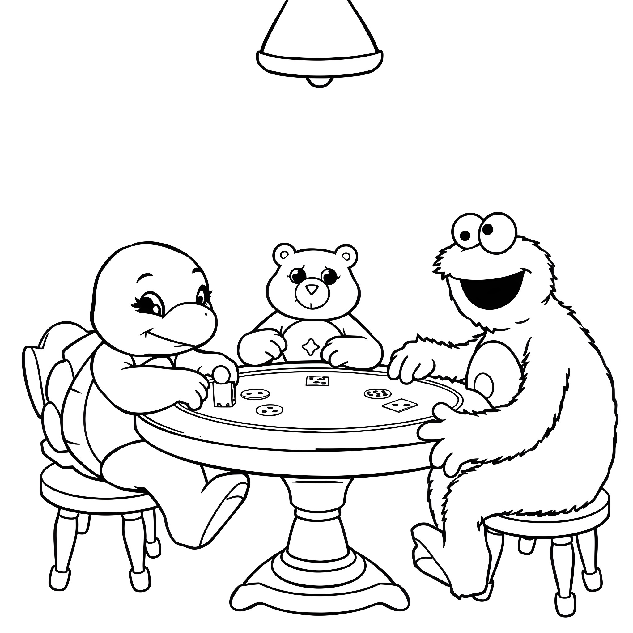Squirtle playing a board game with friends Coloring Page (free black-and-white line drawing printable PDF for all, from beginners to advanced learners, including children, teens, adults, and seniors)