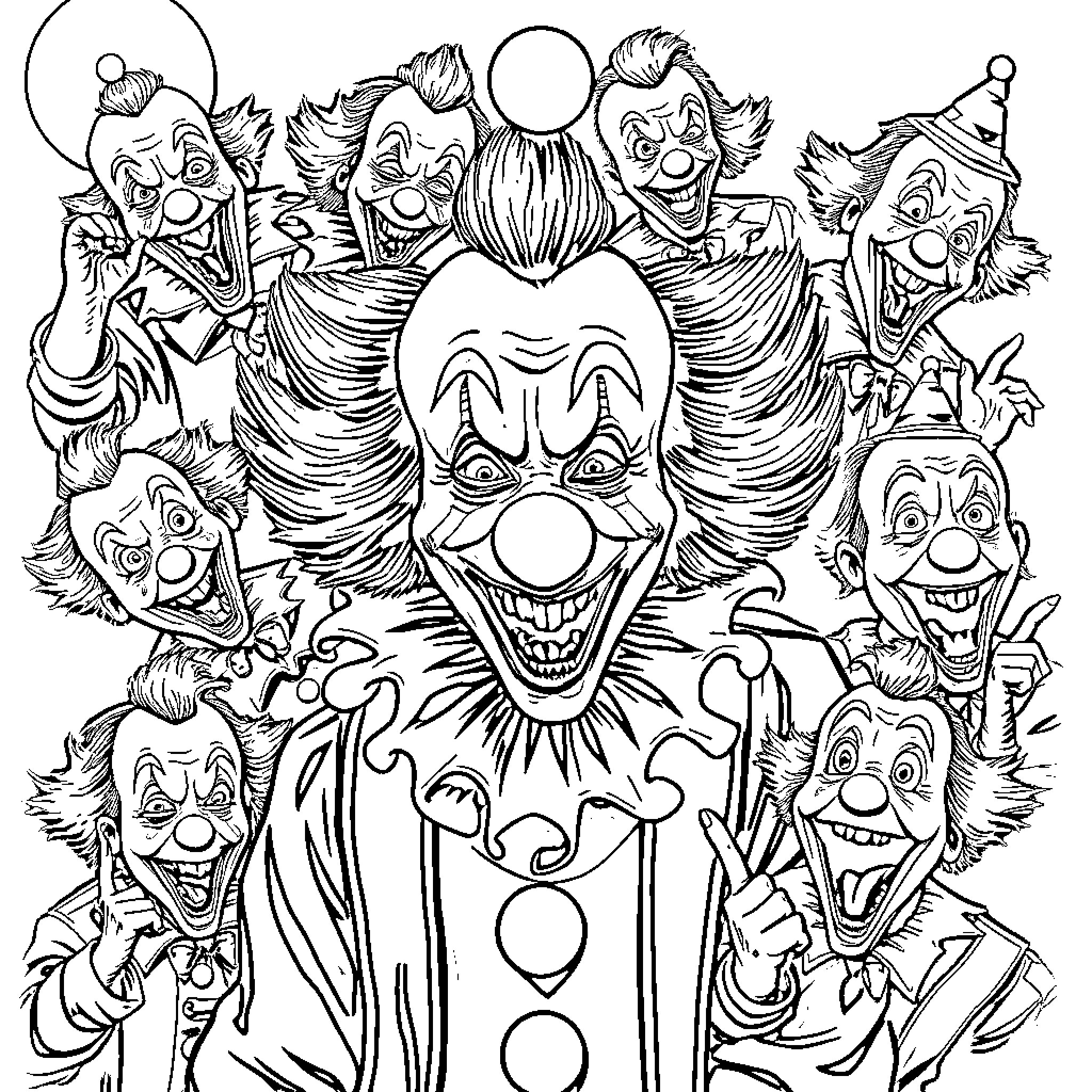 Art The Clown: A Crowd of Mischievous Entertainers Coloring Page (free black-and-white line drawing printable PDF for all, from beginners to advanced learners, including children, teens, adults, and seniors)