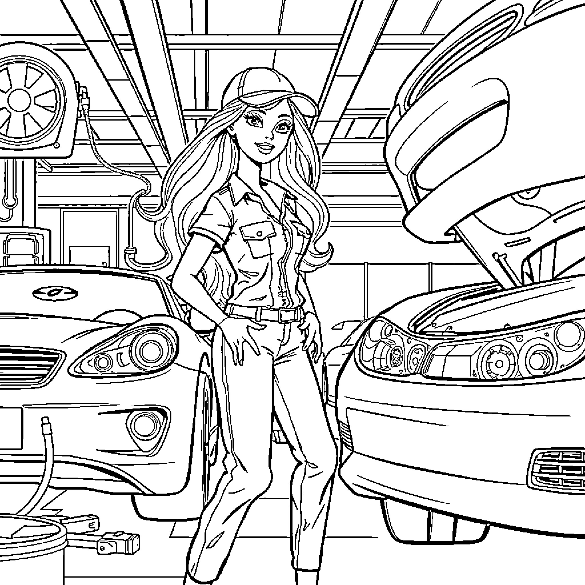 Barbie in Mechanic's Garage Coloring Page (free black-and-white line drawing printable PDF for all, from beginners to advanced learners, including children, teens, adults, and seniors)
