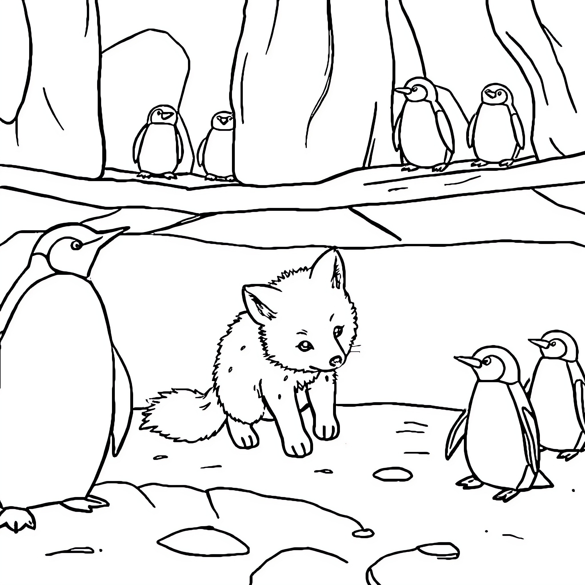 Fox exploring the Arctic with penguins Coloring Page (free black-and-white line drawing printable PDF for all, from beginners to advanced learners, including children, teens, adults, and seniors)