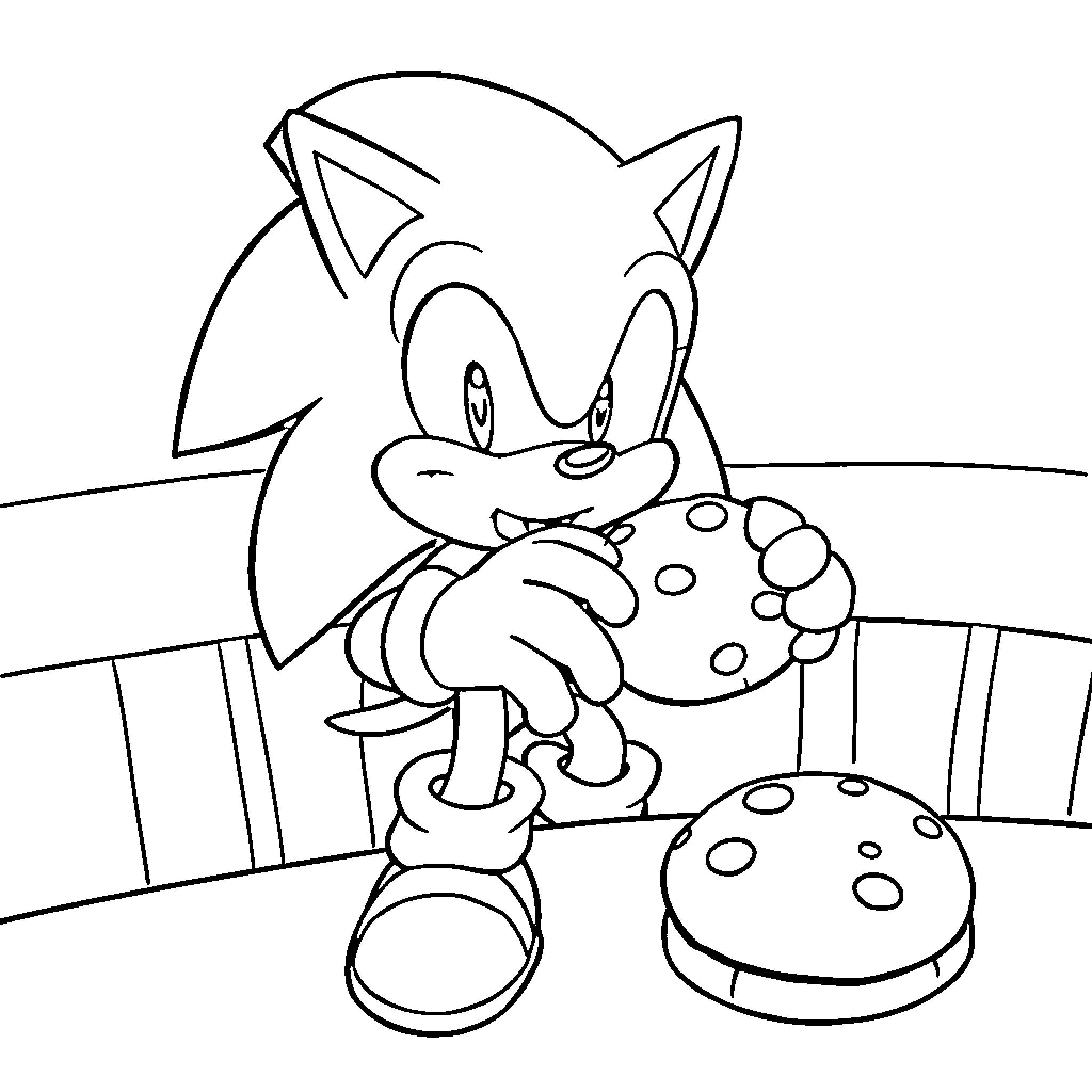 Sonic enjoying a tasty snack Coloring Page (free black-and-white line drawing printable PDF for all, from beginners to advanced learners, including children, teens, adults, and seniors)
