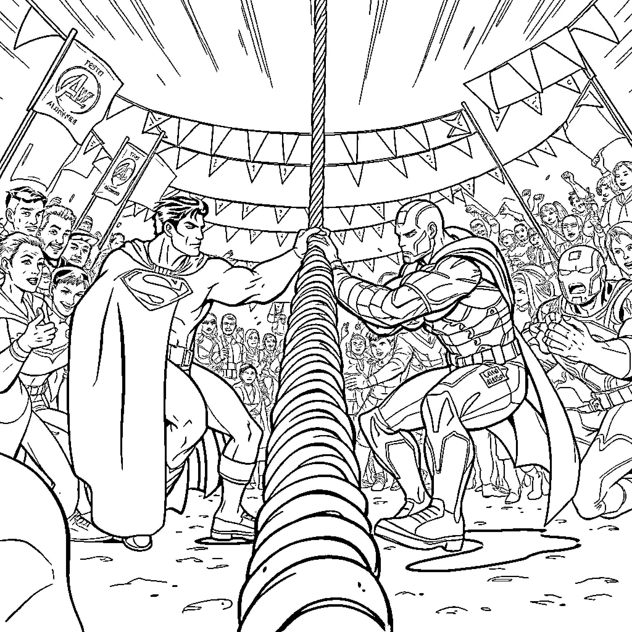 Justice League Heroes Clash at Festive Carnival Coloring Page (free black-and-white line drawing printable PDF for all, from beginners to advanced learners, including children, teens, adults, and seniors)