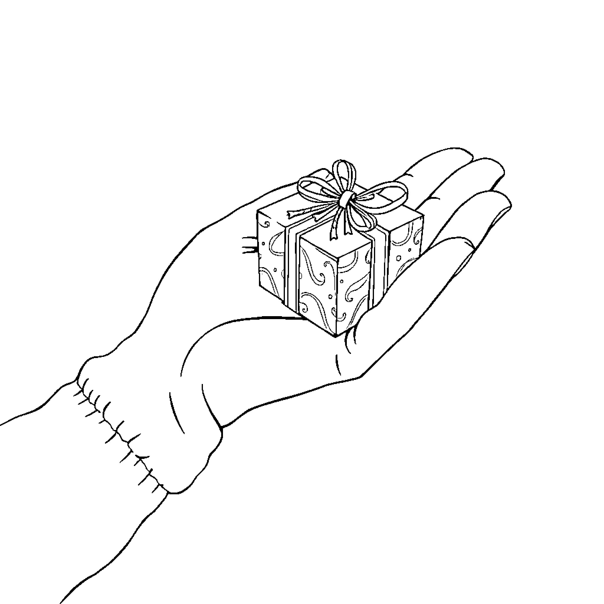 Hand holding gift-wrapped present Coloring Page (free black-and-white line drawing printable PDF for all, from beginners to advanced learners, including children, teens, adults, and seniors)