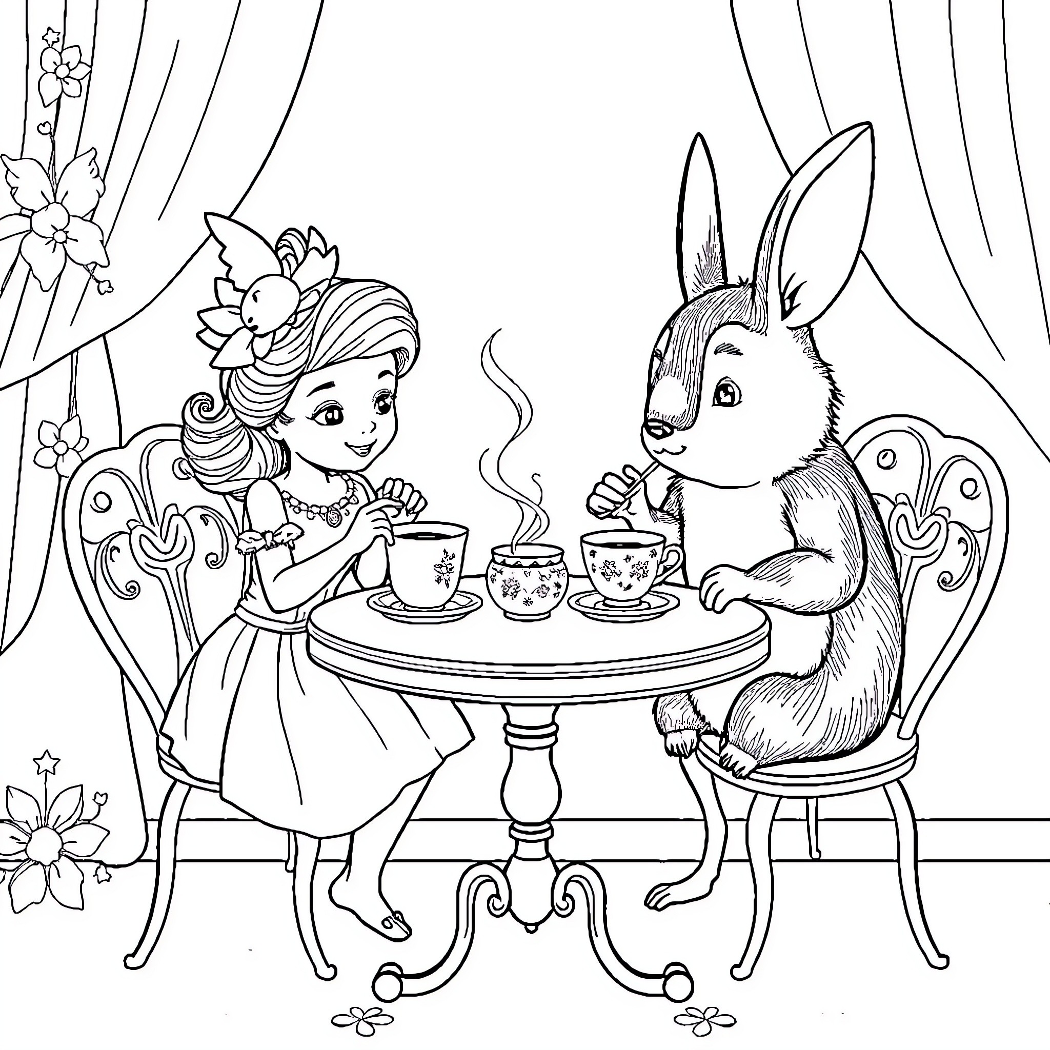 Rapunzel enjoys tea party with rabbit friend Coloring Page (free black-and-white line drawing printable PDF for all, from beginners to advanced learners, including children, teens, adults, and seniors)