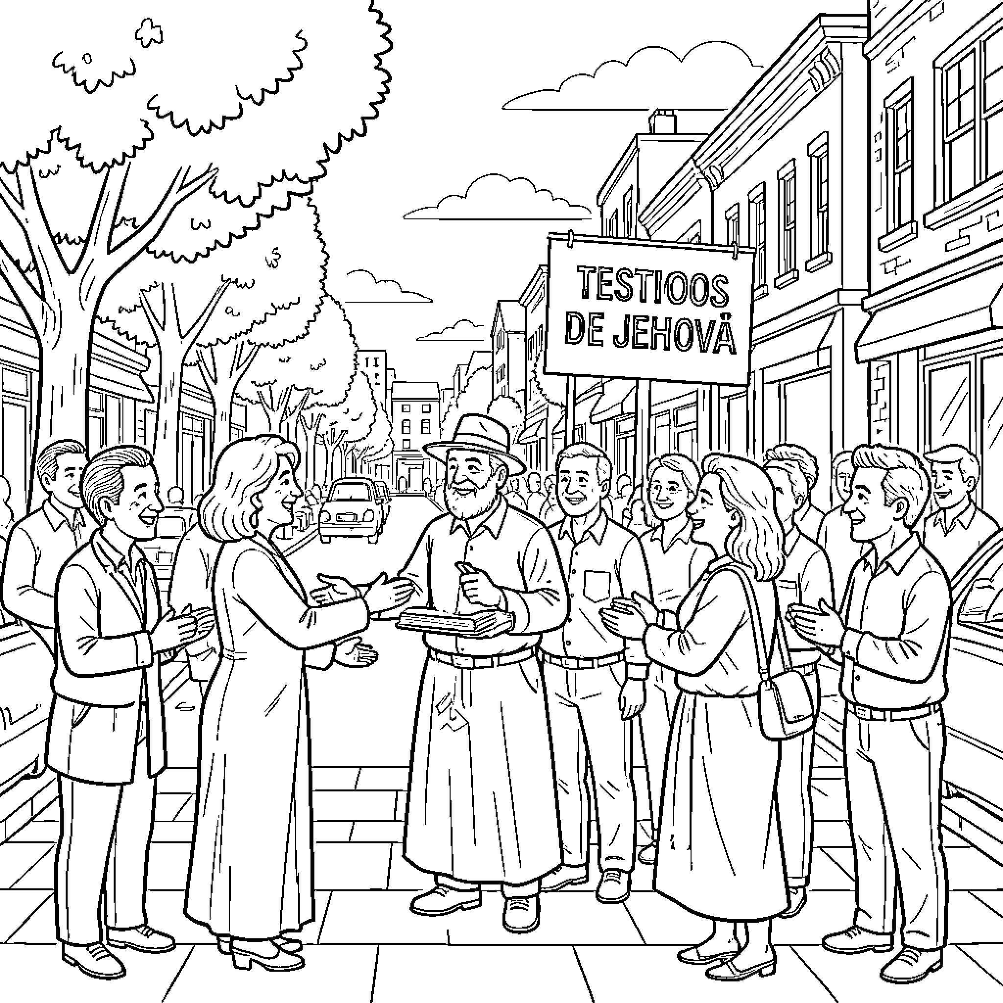 Testigo: Jehovah's Witnesses Gathering in the Street Coloring Page (free black-and-white line drawing printable PDF for all, from beginners to advanced learners, including children, teens, adults, and seniors)