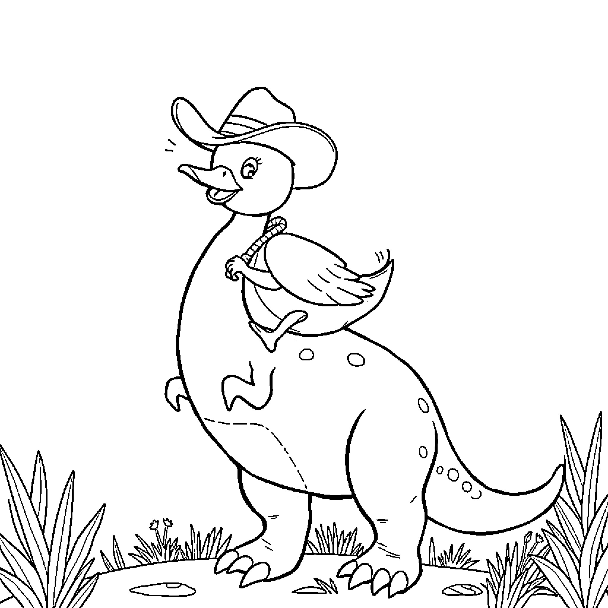 Duck in Cowboy Hat Exploring the Outdoors Coloring Page (free black-and-white line drawing printable PDF for all, from beginners to advanced learners, including children, teens, adults, and seniors)