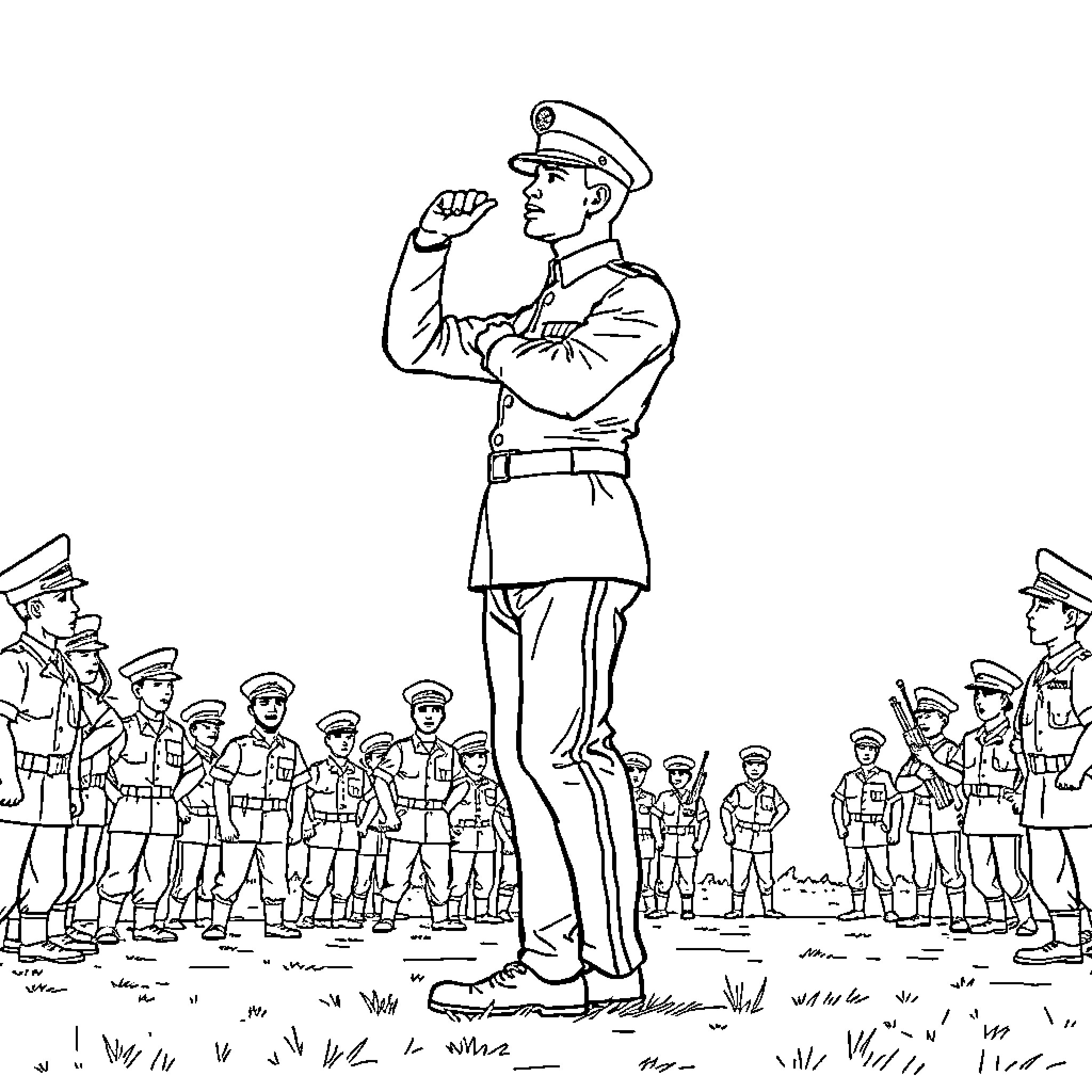 Marine Corps Officers Addressing Soldiers in Formation Coloring Page (free black-and-white line drawing printable PDF for all, from beginners to advanced learners, including children, teens, adults, and seniors)