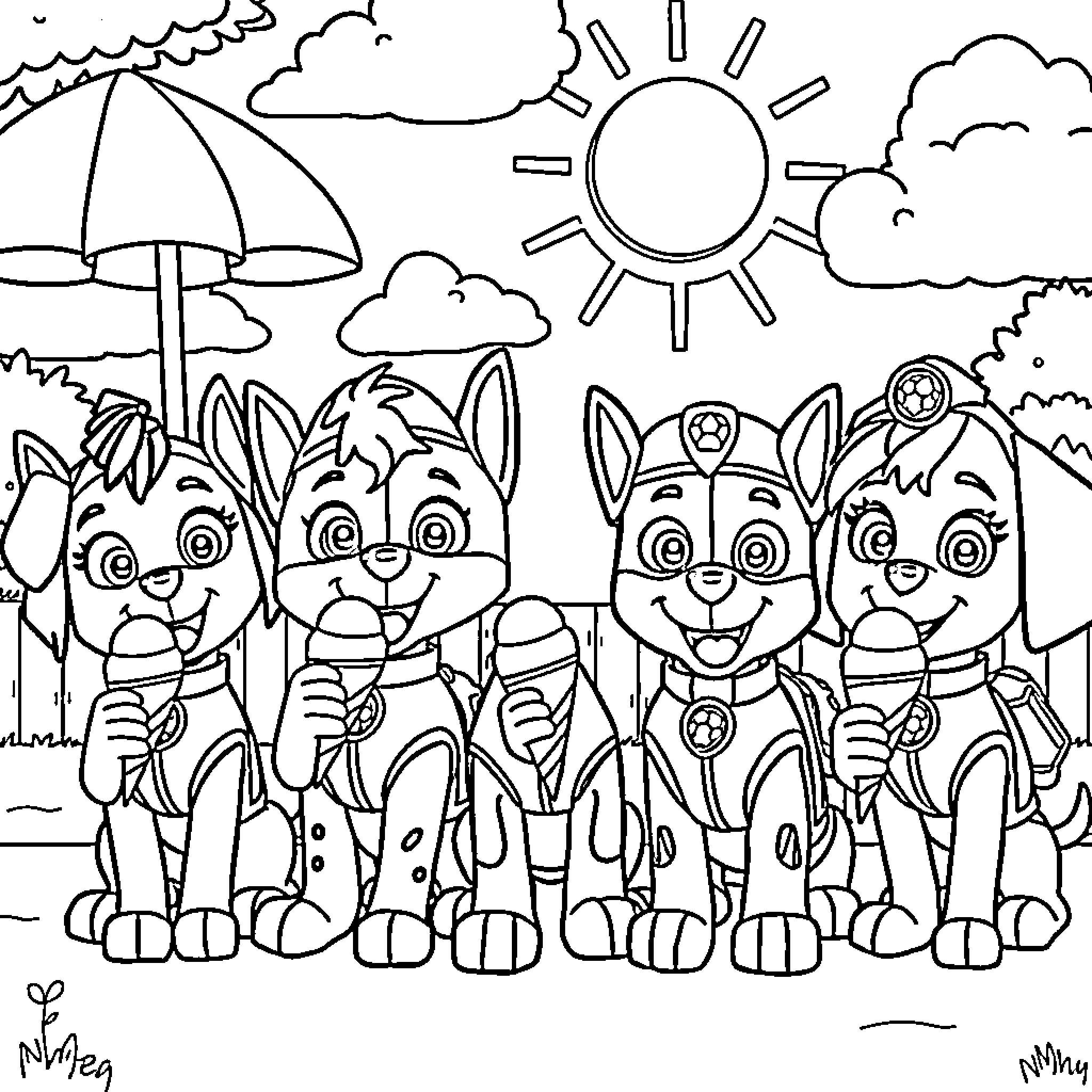 Paw Patrol characters in a sunny outdoor scene Coloring Page (free black-and-white line drawing printable PDF for all, from beginners to advanced learners, including children, teens, adults, and seniors)