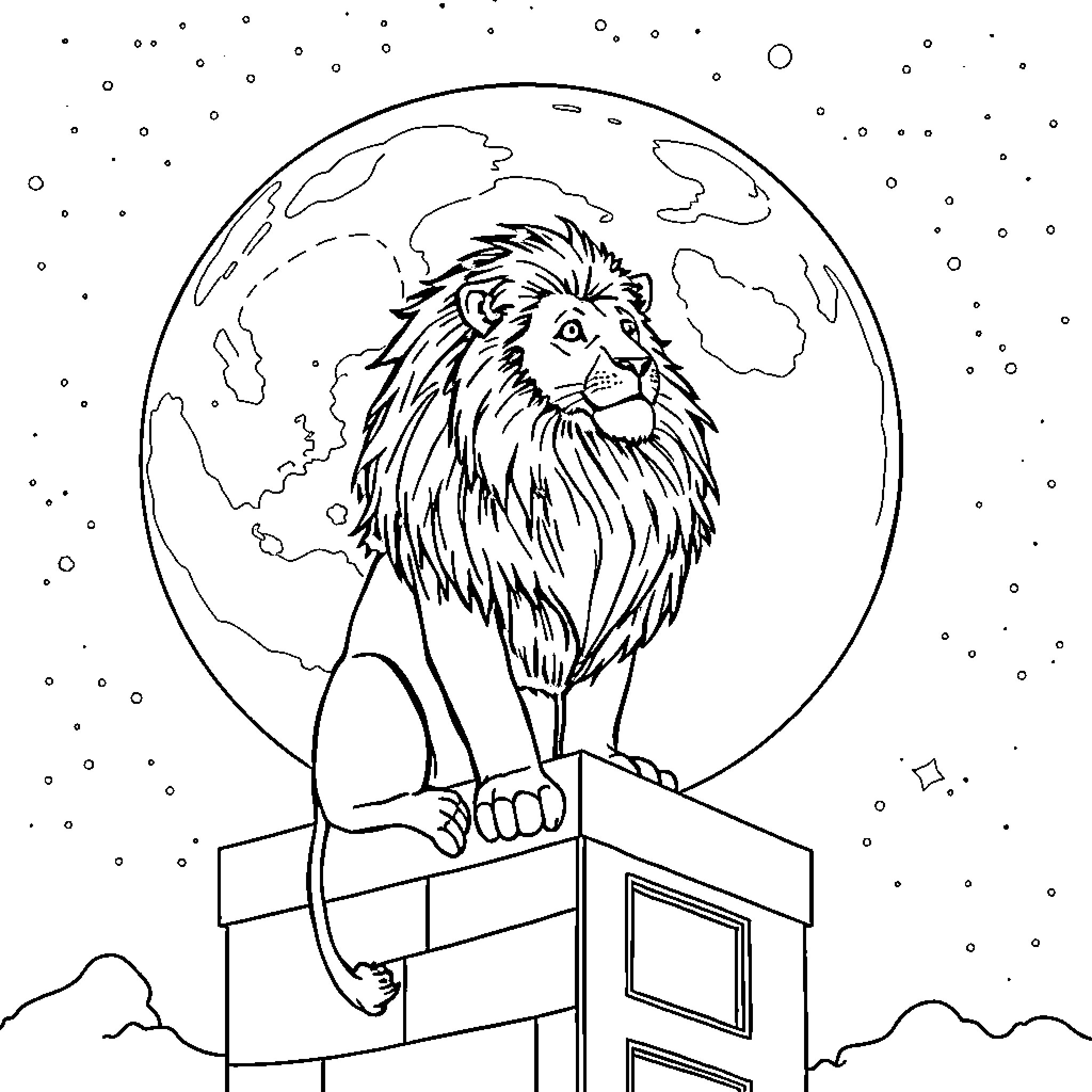 Lion sitting proudly atop a building under the night sky Coloring Page (free black-and-white line drawing printable PDF for all, from beginners to advanced learners, including children, teens, adults, and seniors)