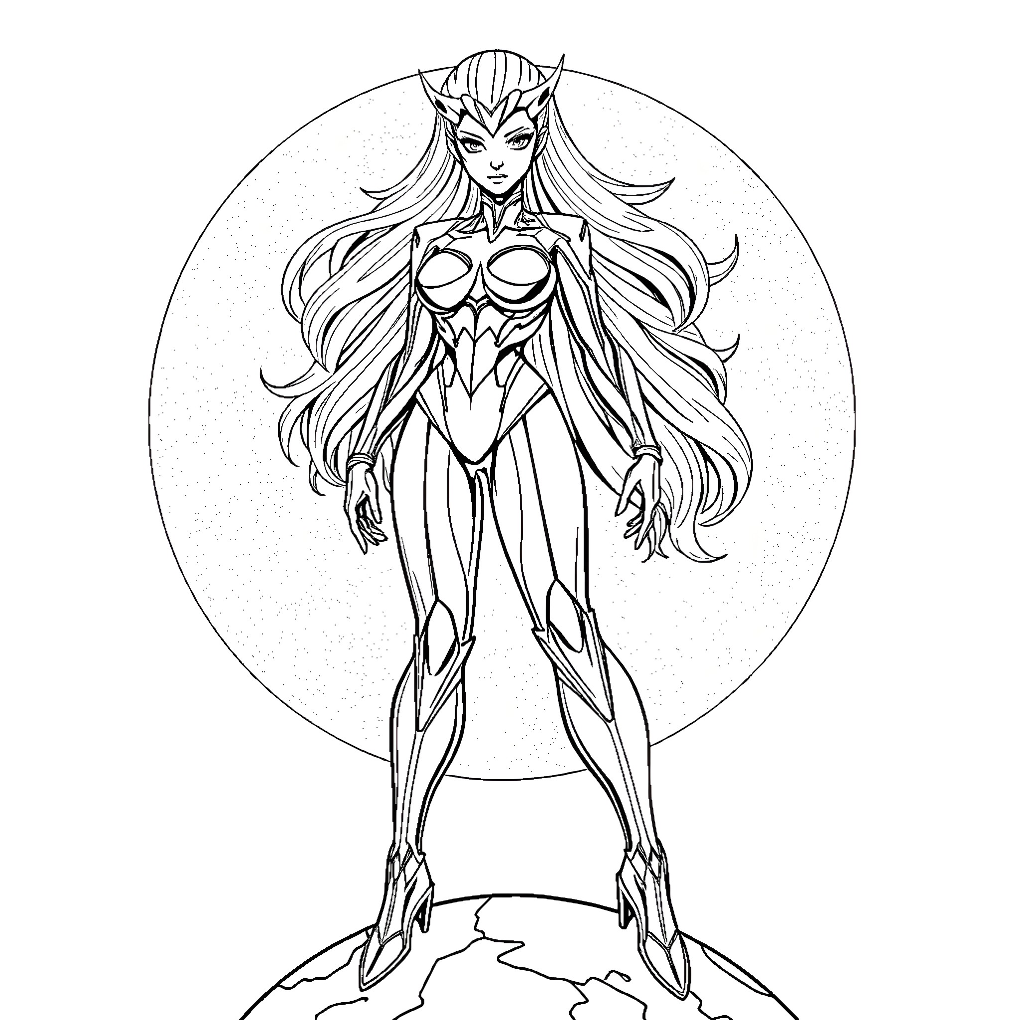 Sorayama's Futuristic Alien Warrior Goddess Coloring Page (free black-and-white line drawing printable PDF for all, from beginners to advanced learners, including children, teens, adults, and seniors)
