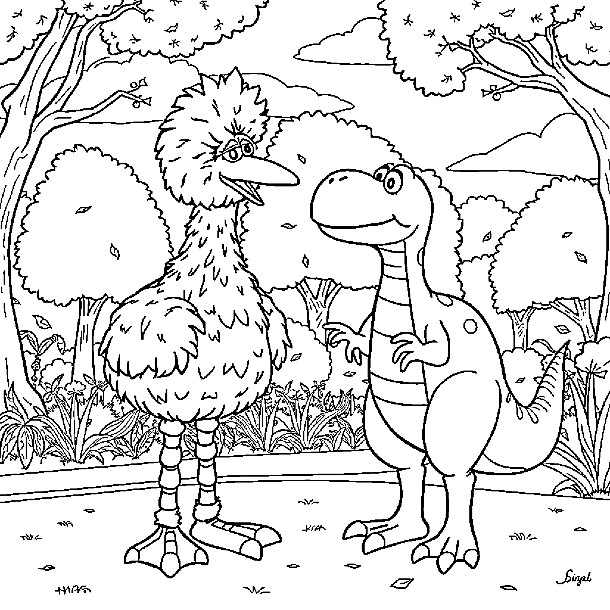 Bird friends exploring the enchanted forest Coloring Page (free black-and-white line drawing printable PDF for all, from beginners to advanced learners, including children, teens, adults, and seniors)